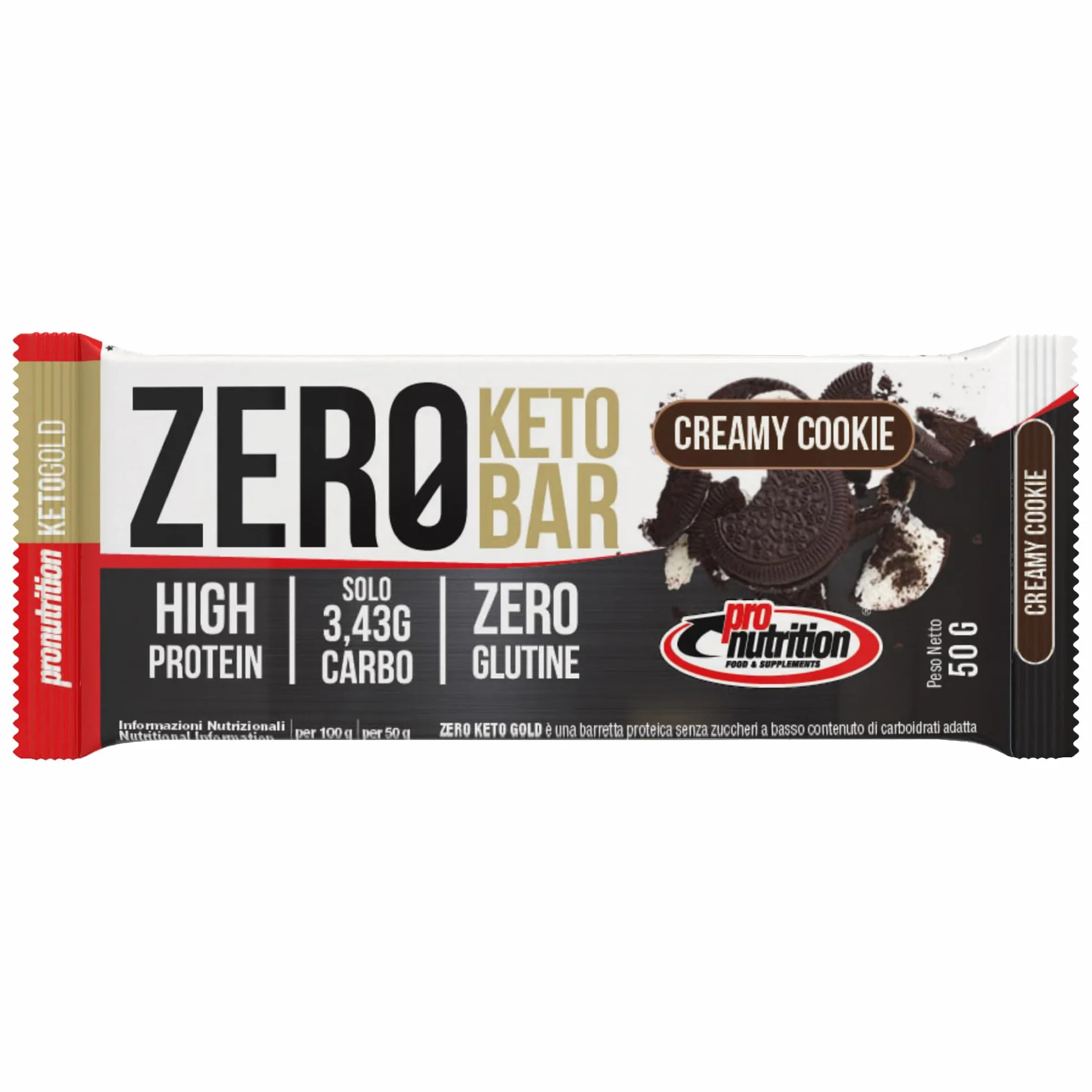 Pronutrition Zero Keto Bar Proteica 40% con Proteine Isolate del Siero del Latte – Barretta Low Carb, Solo 3,4 g Carboidrati, Senza Glutine, Gusto Creamy Cookie