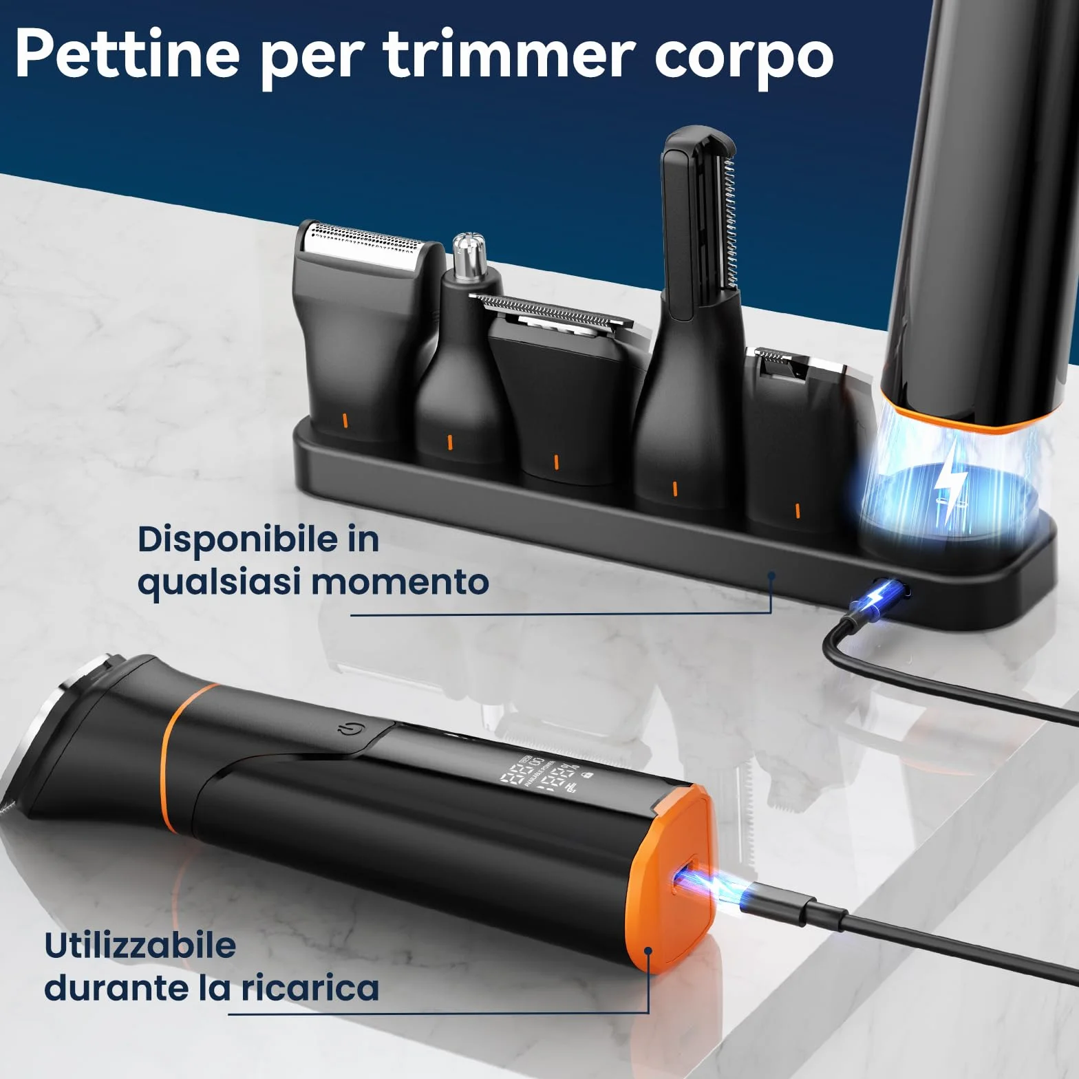 MAXGROOM Regolabarba Uomo 6 in 1, Rasoio Elettrico Barba Impermeabile IPX6, 120 Minuti Autonomia, Ricarica USB-C