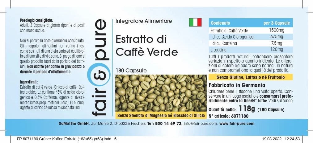 Fair & Pure Estratto di caffè verde 500mg 180 Capsule 45% acido clorogenico Vegano