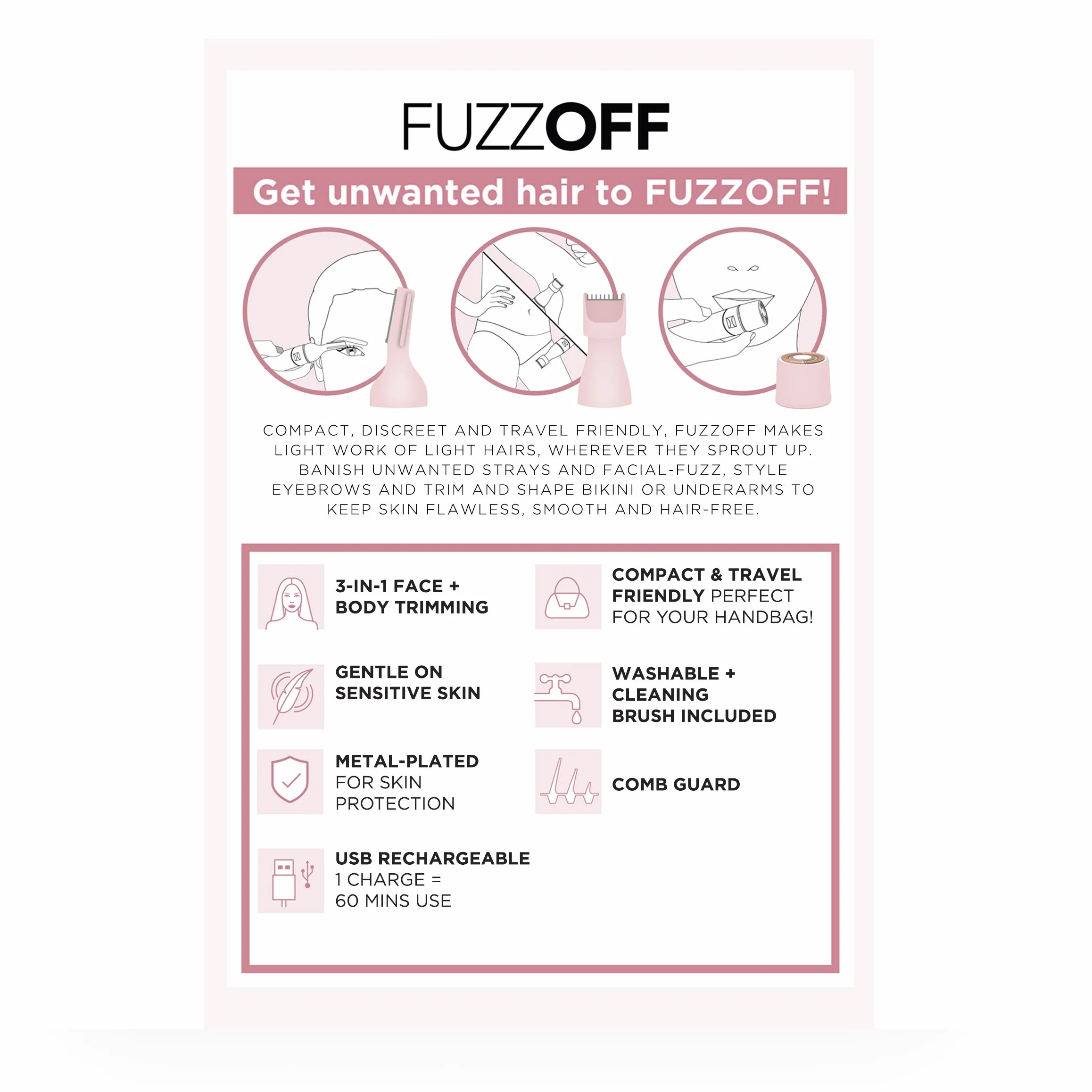 Magnitone FuzzOff Rasoio di Precisione Ricaricabile 3-in-1 Depilatore Viso Corpo Rosa