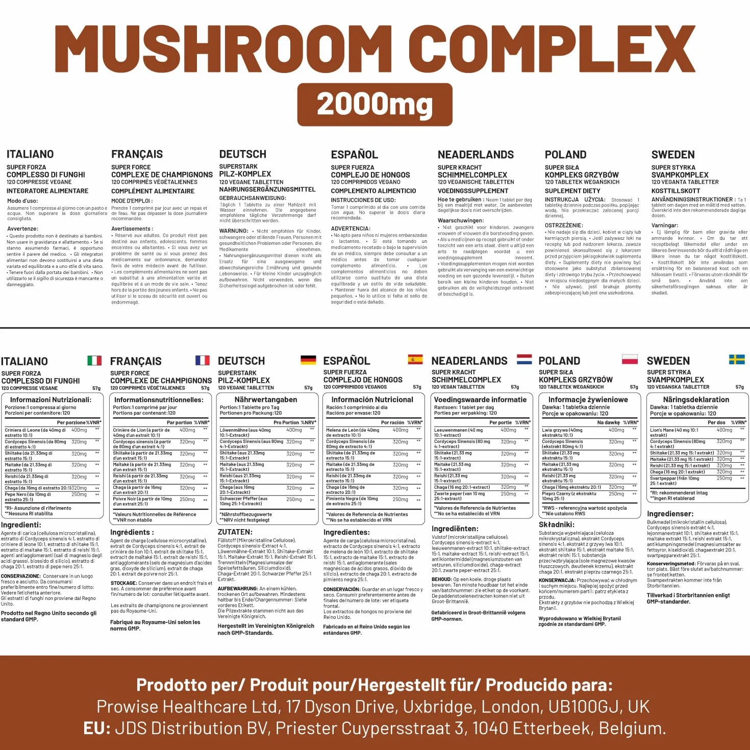 Advanced Mushroom Complex 2000mg | Una super miscela di 6 funghi con criniera di leone, chaga, cordyceps, shiitake, reishi e maitake con pepe nero | 120 compresse vegane ad alta resistenza