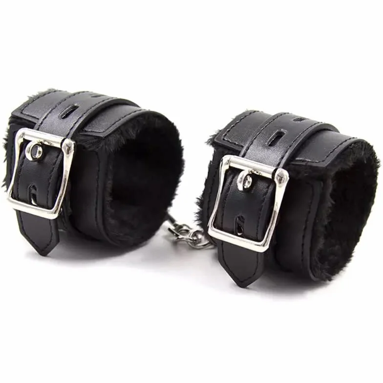 Manette per Coppia, Manette Pelle per Coppia, Manette Pelose in Pelle con Morbida Imbottitura Pelosa e Catena con Moschettoni Sganciabili, per Giochi Bondage (Nero)