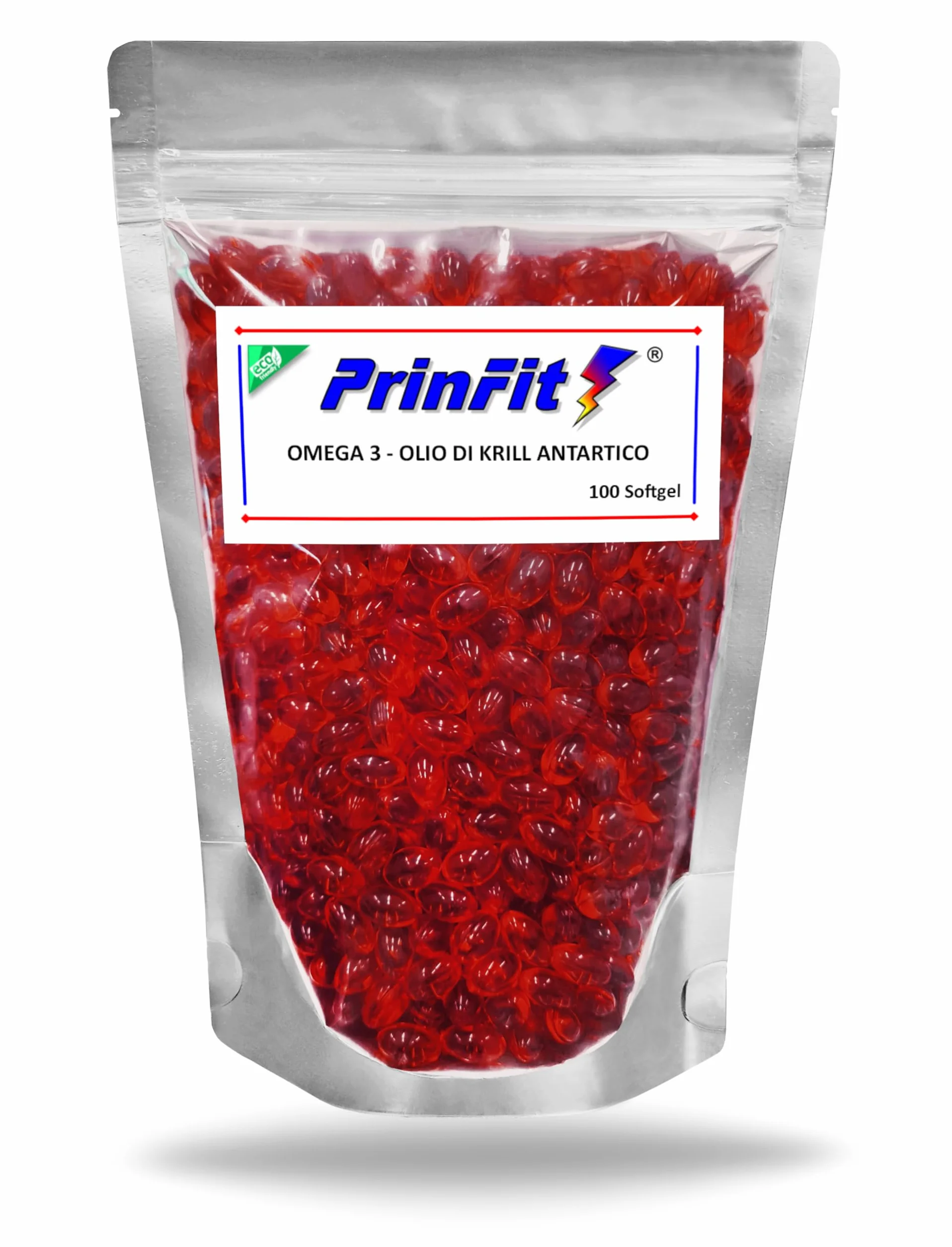 Olio di Krill Omega 3 Puro PrinFit - Ricco di EPA e DHA, Fosfolipidi Marini, Astaxantina - 100 Capsule molli