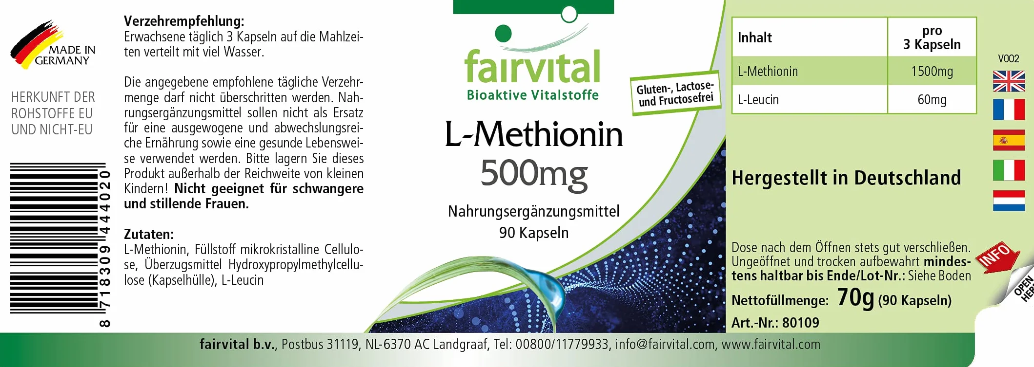 fairvital L-metionina 500 mg, 90 capsule, ALTO DOSAGGIO, VEGANO, aminoacido