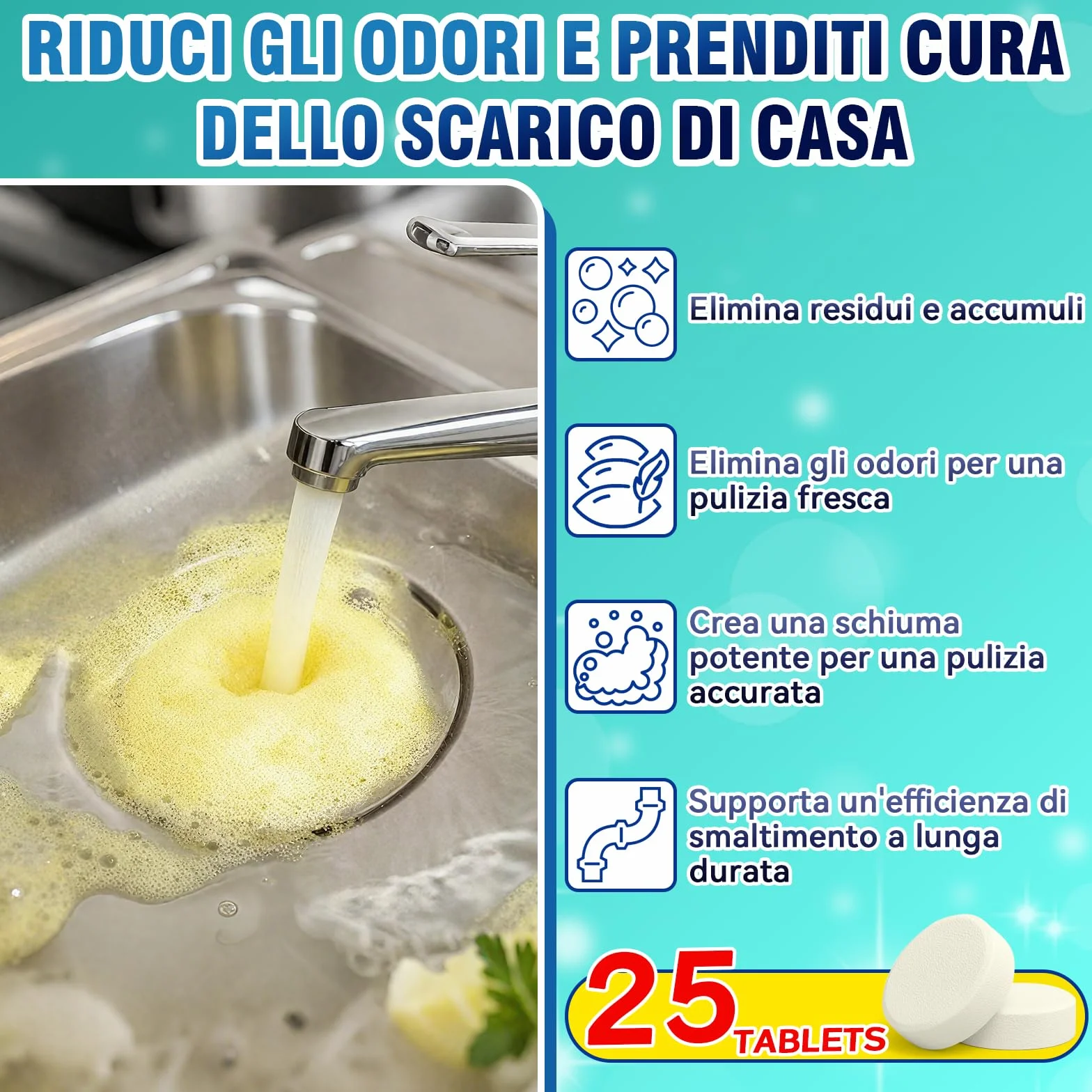 Pastiglie per la Pulizia degli Scarichi Maleodoranti 25 Compresse Effervescenti Elimina Odori Lavandino WC Doccia Cucina PVC Acciaio