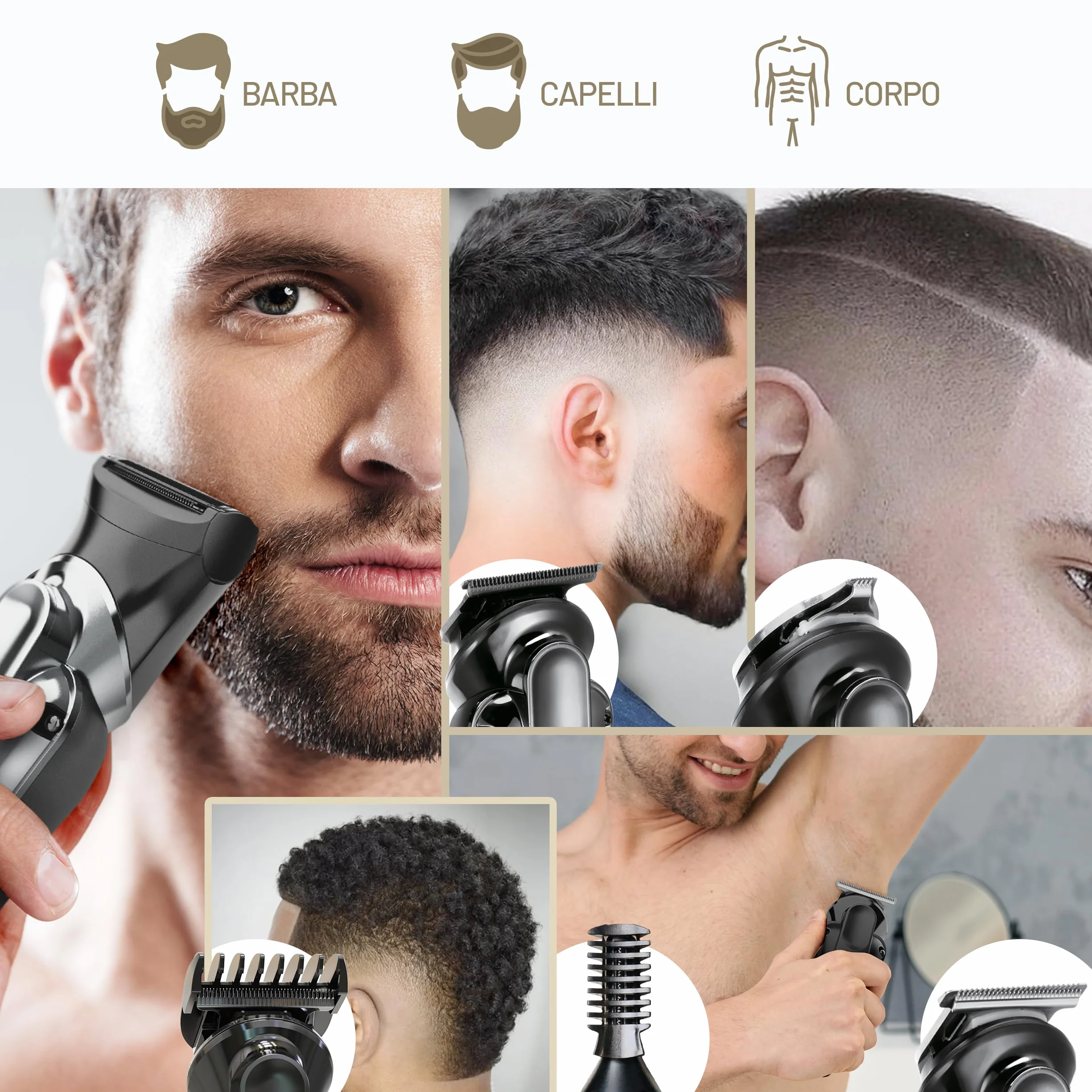 PORTENTUM Tagliacapelli uomo professionale LED Set 21 pezzi Macchinetta capelli corpo Rasoio elettrico barba 6 Testine 7 Pettini USB-C