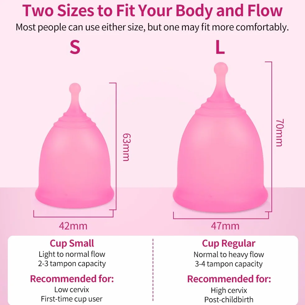 ACWOO Coppetta Mestruale, 2 PCS Menstrual Cup in Silicone Medicale, Anallergica, Riutilizzabile Coppette Mestruali,1 Borsa da Trasporto, Coppa Mestruale per Igiene Intima, Morbido Comoda