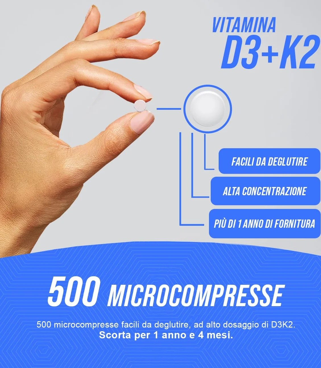 VITAMINA D3 K2 (Dura 1 anno e 4 mesi) 500 Micro-Compresse Alto Dosaggio e Assorbimento I Vitamina D3 Da 50 µg Da 2.000 U.I. + Vitamina K2 Da 100 µg | Senza Glutine, Lattosio, Zuccheri e Soia