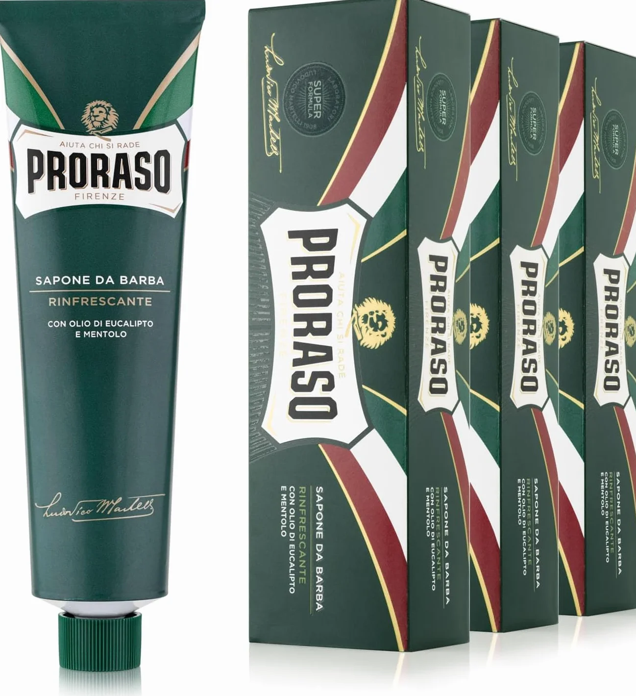 Proraso Sapone da Barba in Tubo Rinfrescante, 3 x 150ml, Sapone barba denso, cremoso e arricchito con Olio di Eucalipto e Mentolo, Made in Italy