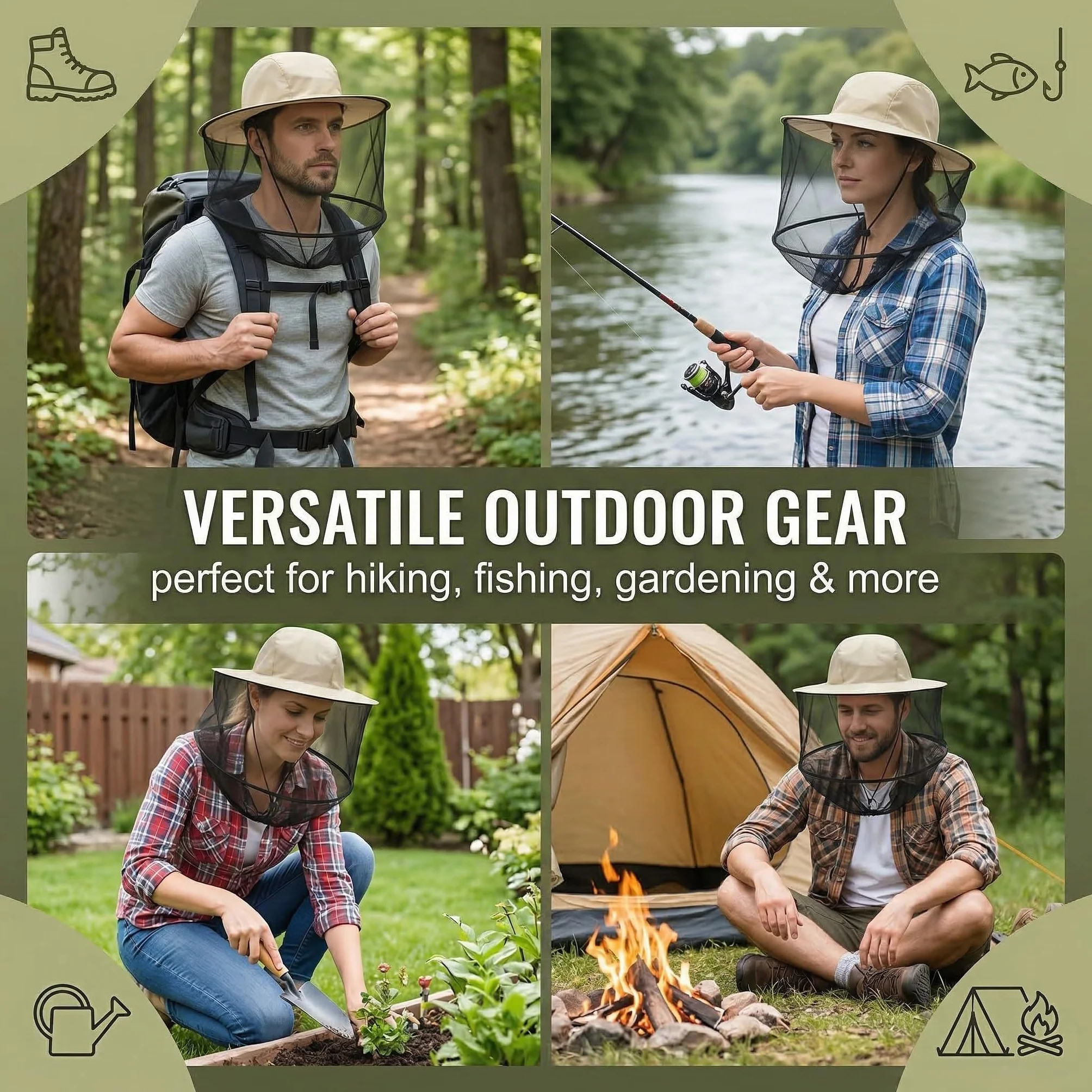 Cappello Antizanzare con Rete a Maglia Fine, Cappello da Pescatore Protettivo per Apicoltura, Pesca e Trekking, Beige