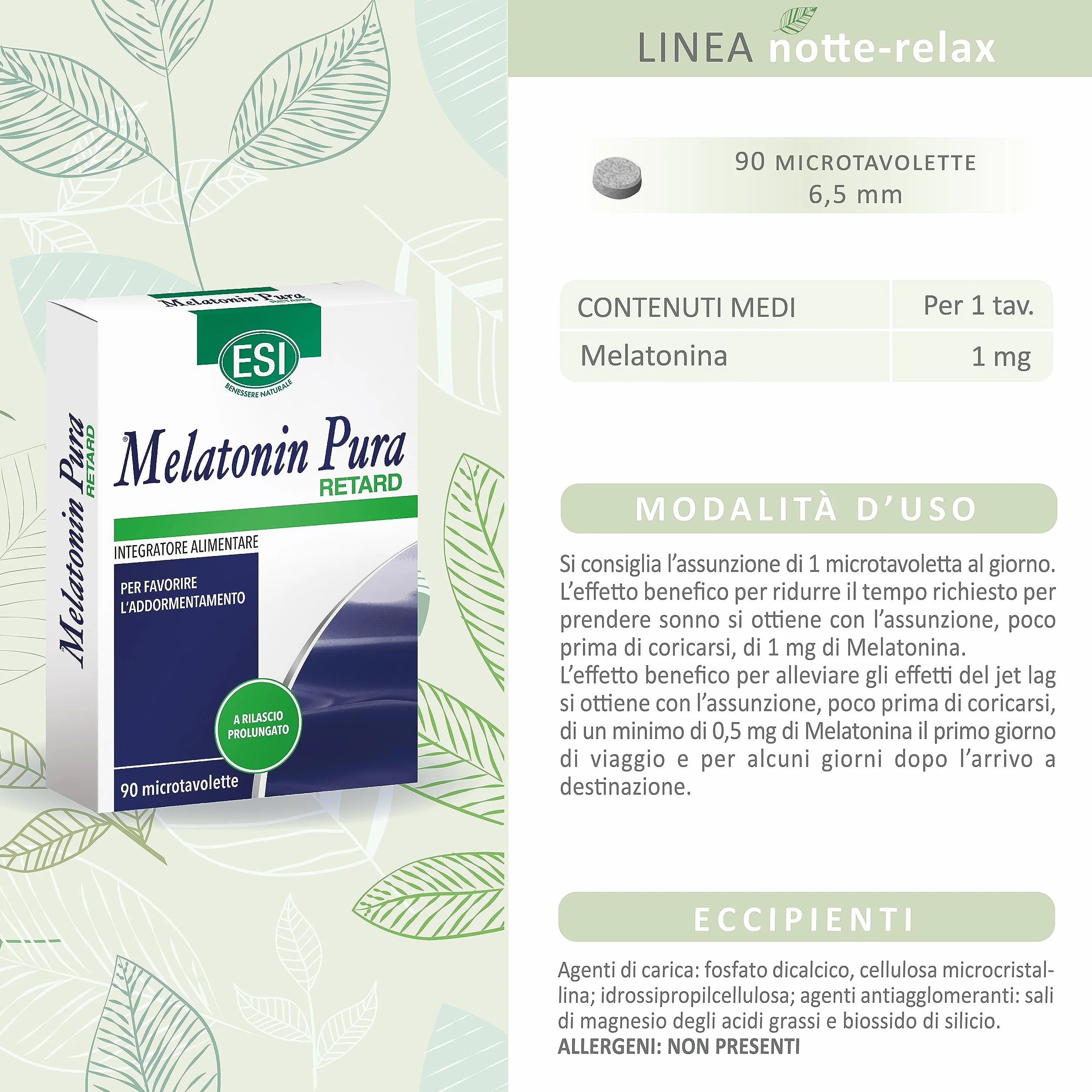 ESI Melatonina Pura Retard Integratore Alimentare Rilascio Prolungato 90 Microtavolette Senza Glutine Vegan