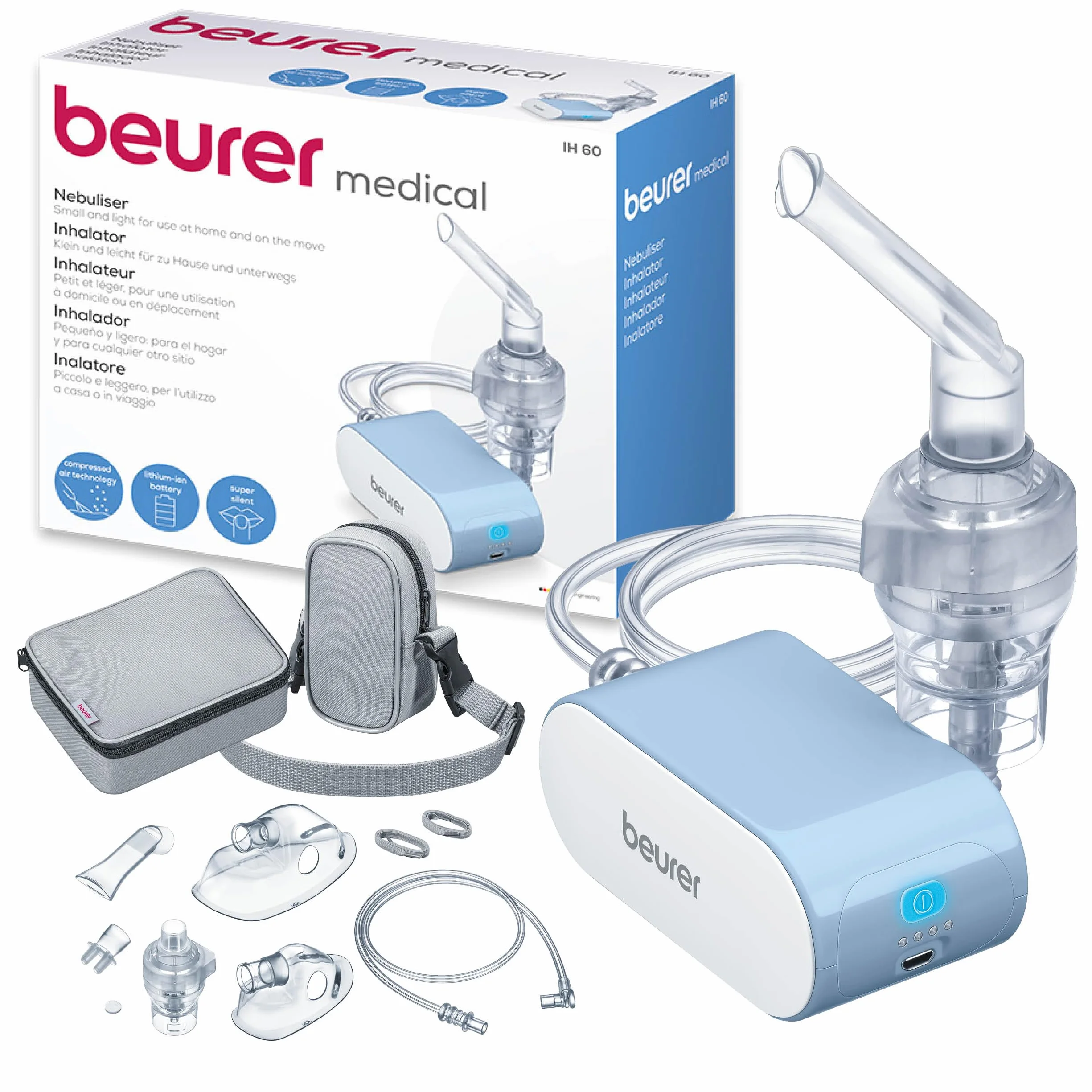 Beurer IH 60 Aerosol Portatile a Microcompressore con Batteria al Litio Ricaricabile, Compatto, Silenzioso, Inalazione Rapida 0.25 ml/min
