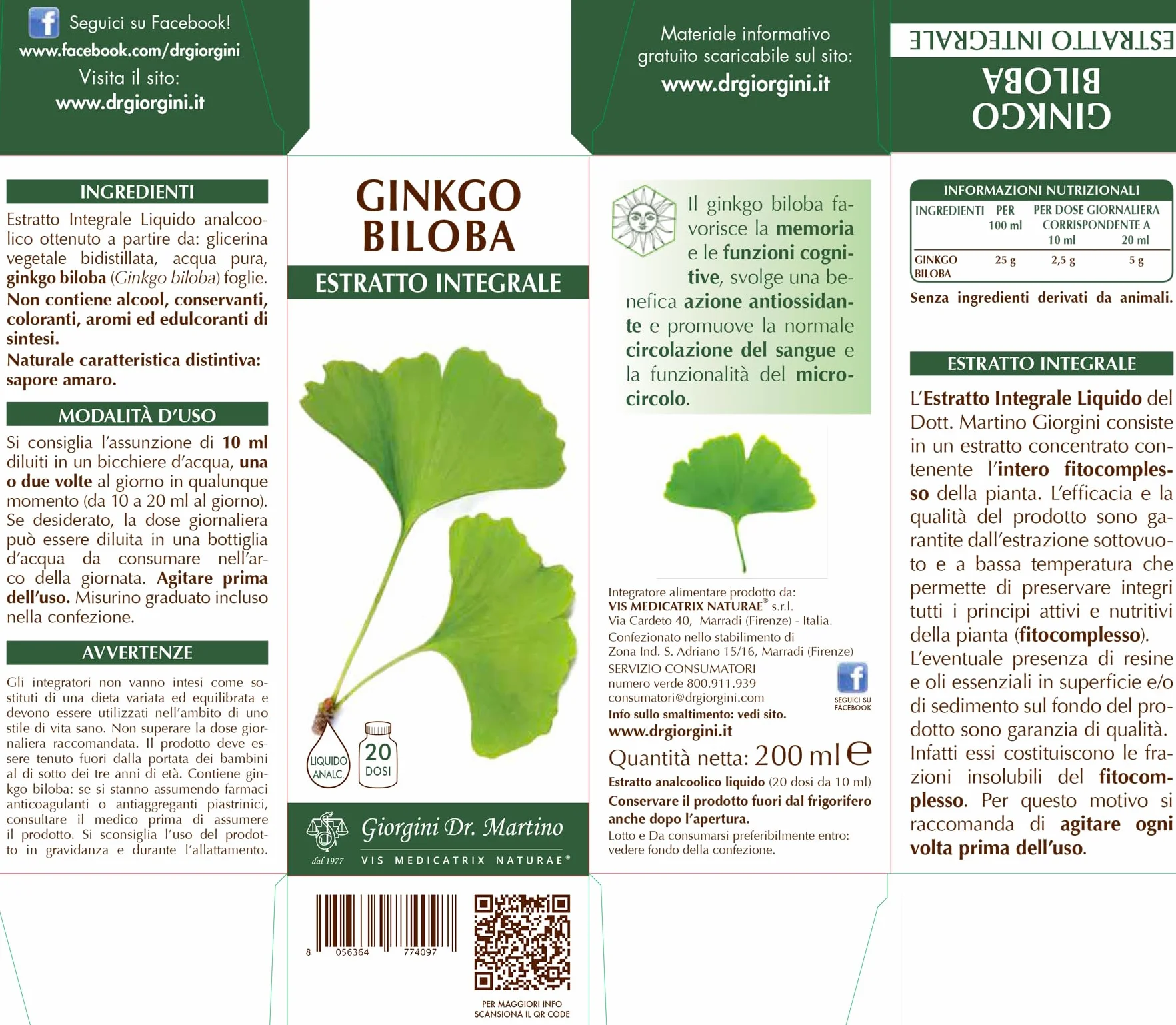 Dr Giorgini Integratore Alimentare, Ginkgo Biloba Estratto Integrale Liquido Analcoolico - 200 ml