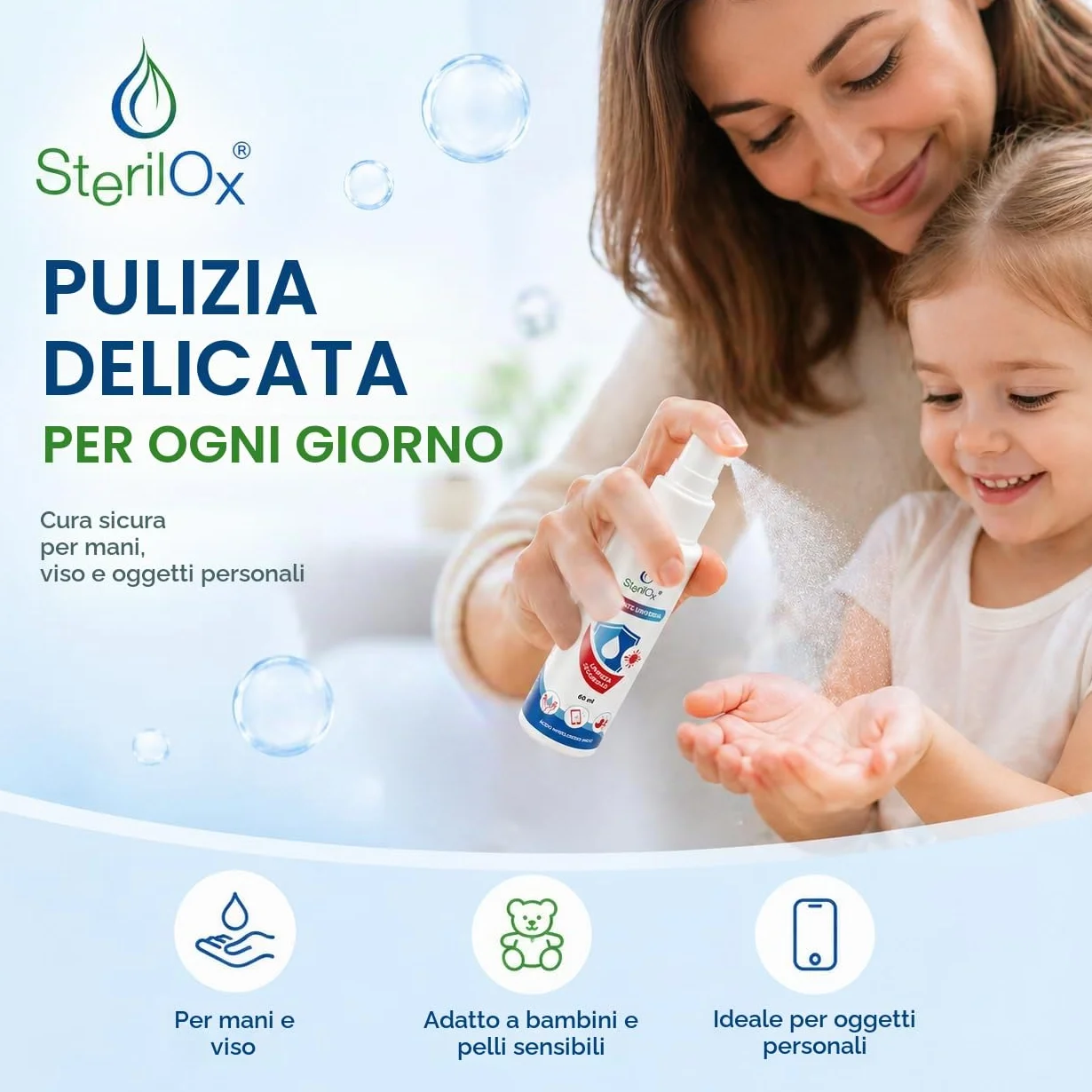 Spray cosmetico antisettico 60 ml senza alcool senza profumo con acido ipocloroso HOCl per mani giocattoli piatti