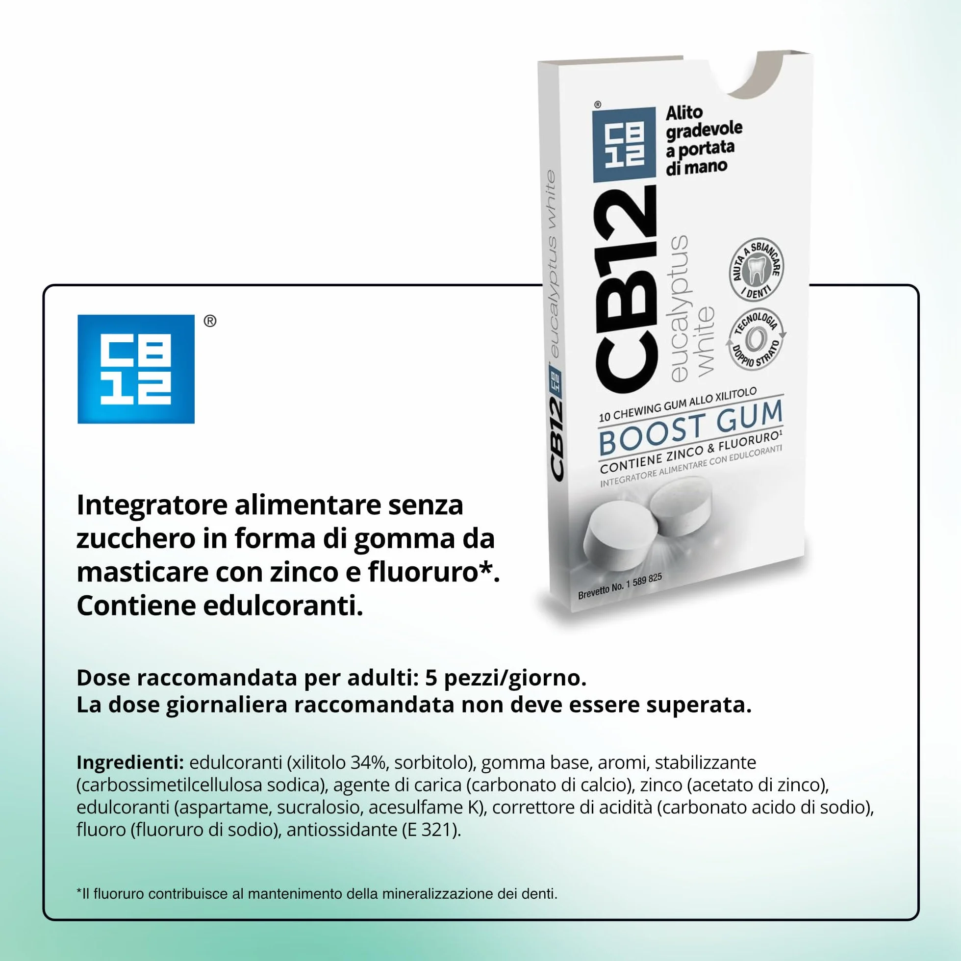CB12 Boost Gomme da Masticare Senza Zucchero con Xilitolo Gusto Eucalipto Effetto Sbiancante 10 Chewing Gum