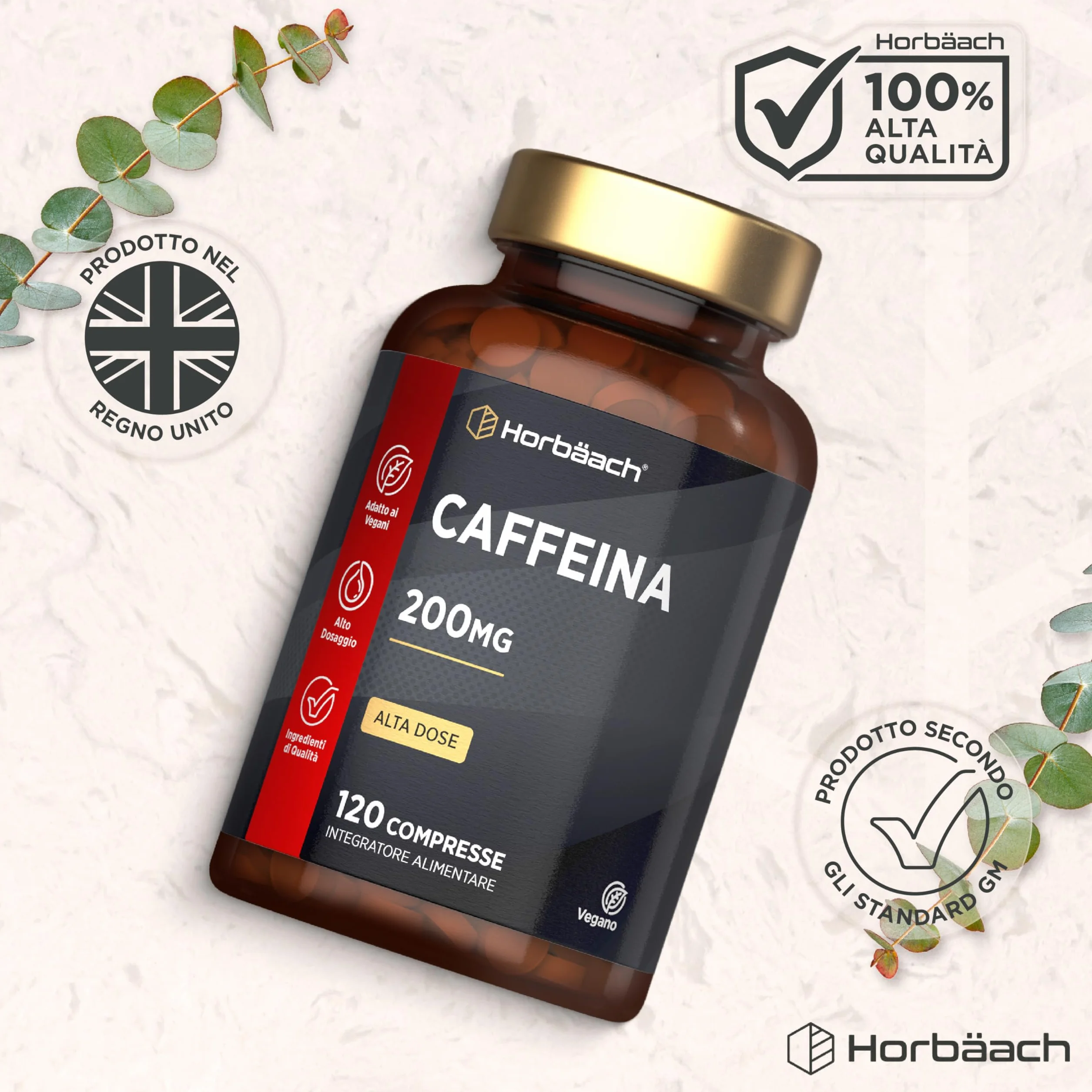 Horbaach Caffeina Integratore 200 mg 120 Compresse Vegane