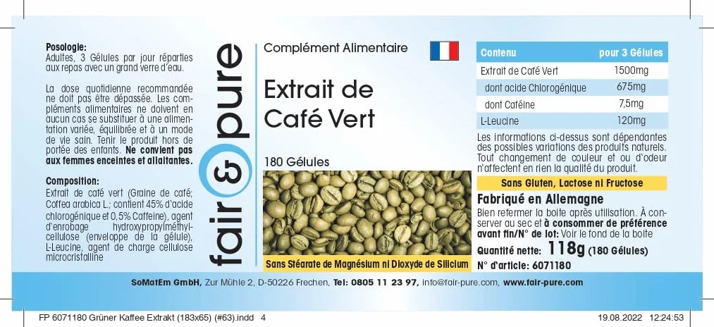 Fair & Pure Estratto di caffè verde 500mg 180 Capsule 45% acido clorogenico Vegano