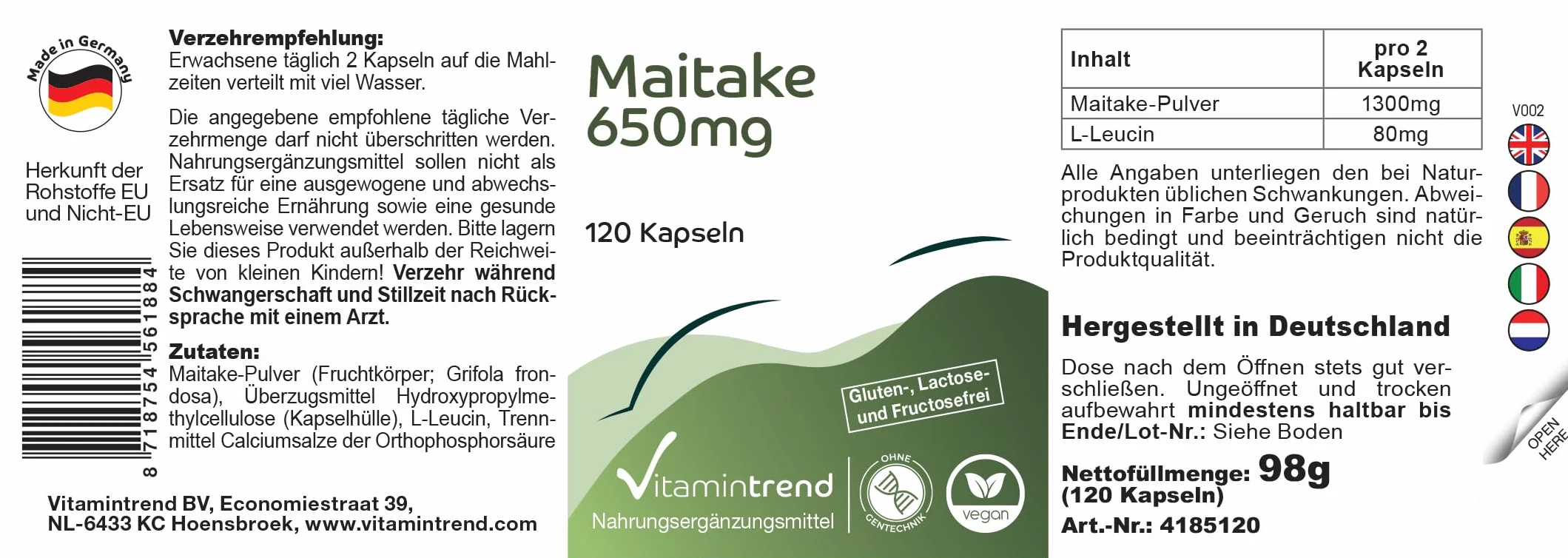 Vitamintrend Polvere di Maitake 650 mg, 120 capsule, ad alto dosaggio, adattogeno, integratore alimentare vegano senza stearato di magnesio, prodotto in Germania