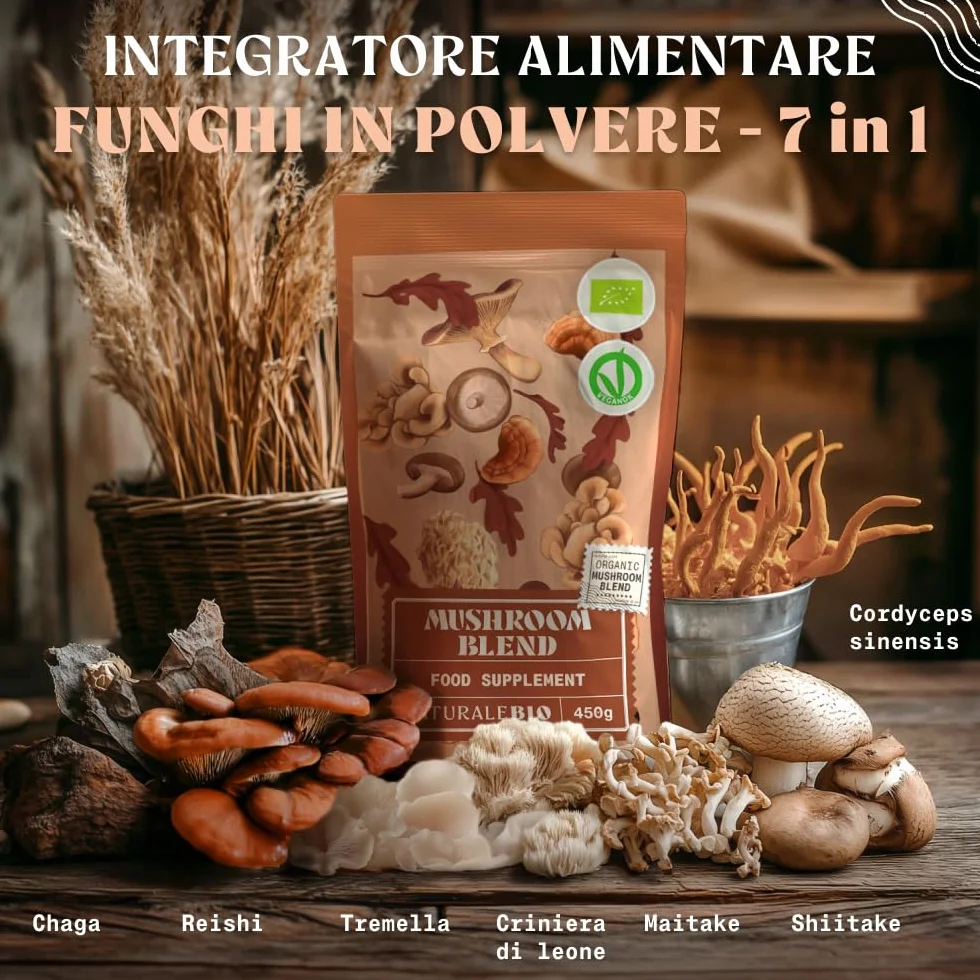 NaturaleBio Miscela di funghi in polvere 200g. Aumenta l'energia, favorisce la concentrazione, supporta l'intestino e il sistema immunitario. Bio, vegano, senza glutine e non OGM. Facile da consumare.