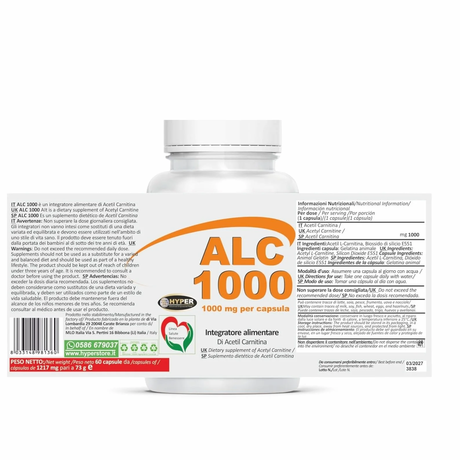 Hyper ACETIL L-CARNITINA 1000 MG per capsula | ALCAR Acetyl L-Carnitine + Energia favorisce il Metabolismo dei Grassi Attività Fisica intensa | Palestra, Sport Allenamento | 3 Flaconi da 60 Capsule