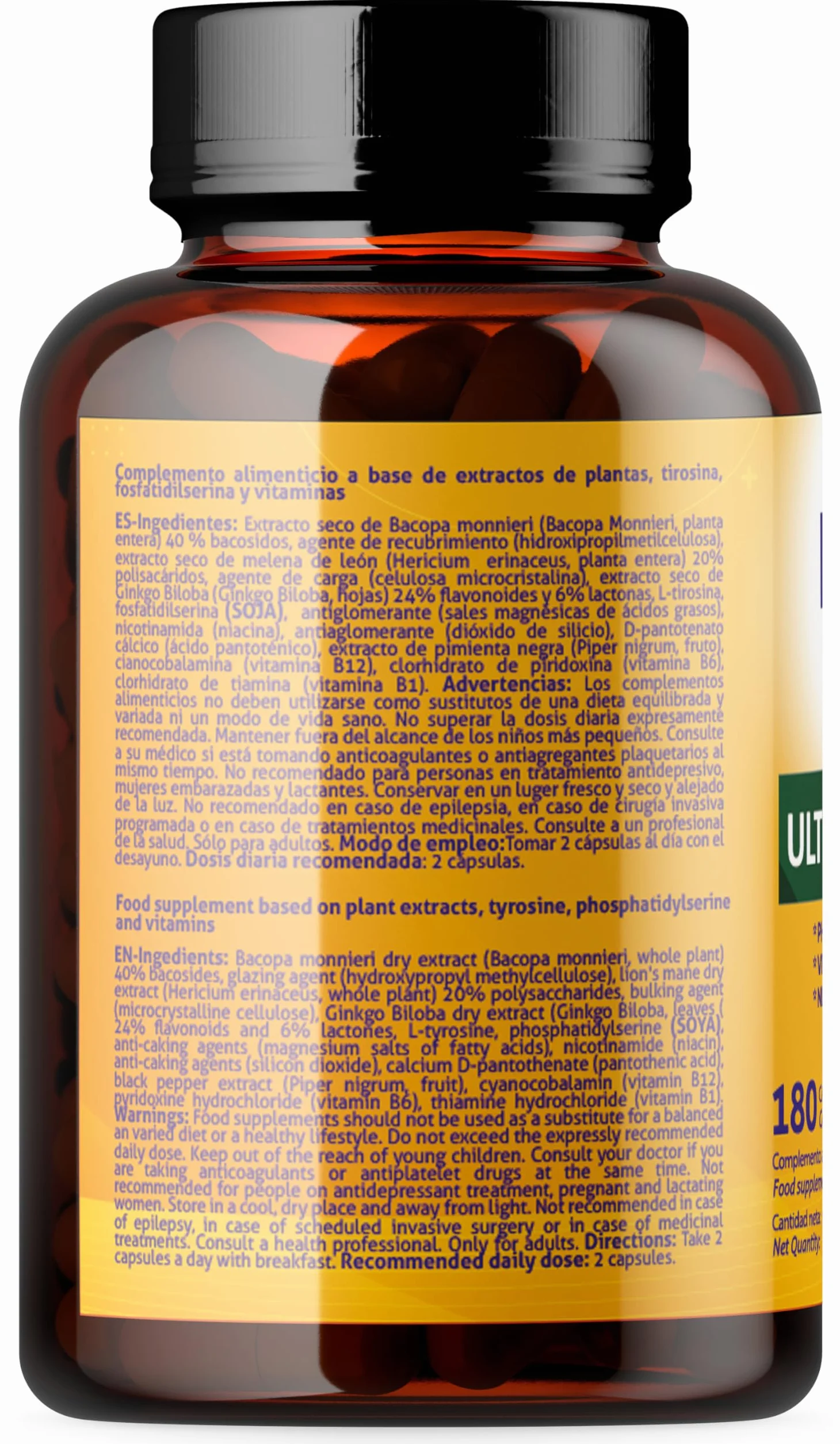 Ginkgo Biloba Forte 180 Capsule con Bacopa, Fosfatidilserina, Criniera di Leone, Tirosina, Niacina e Vitamine B Complex per Memoria e Concentrazione