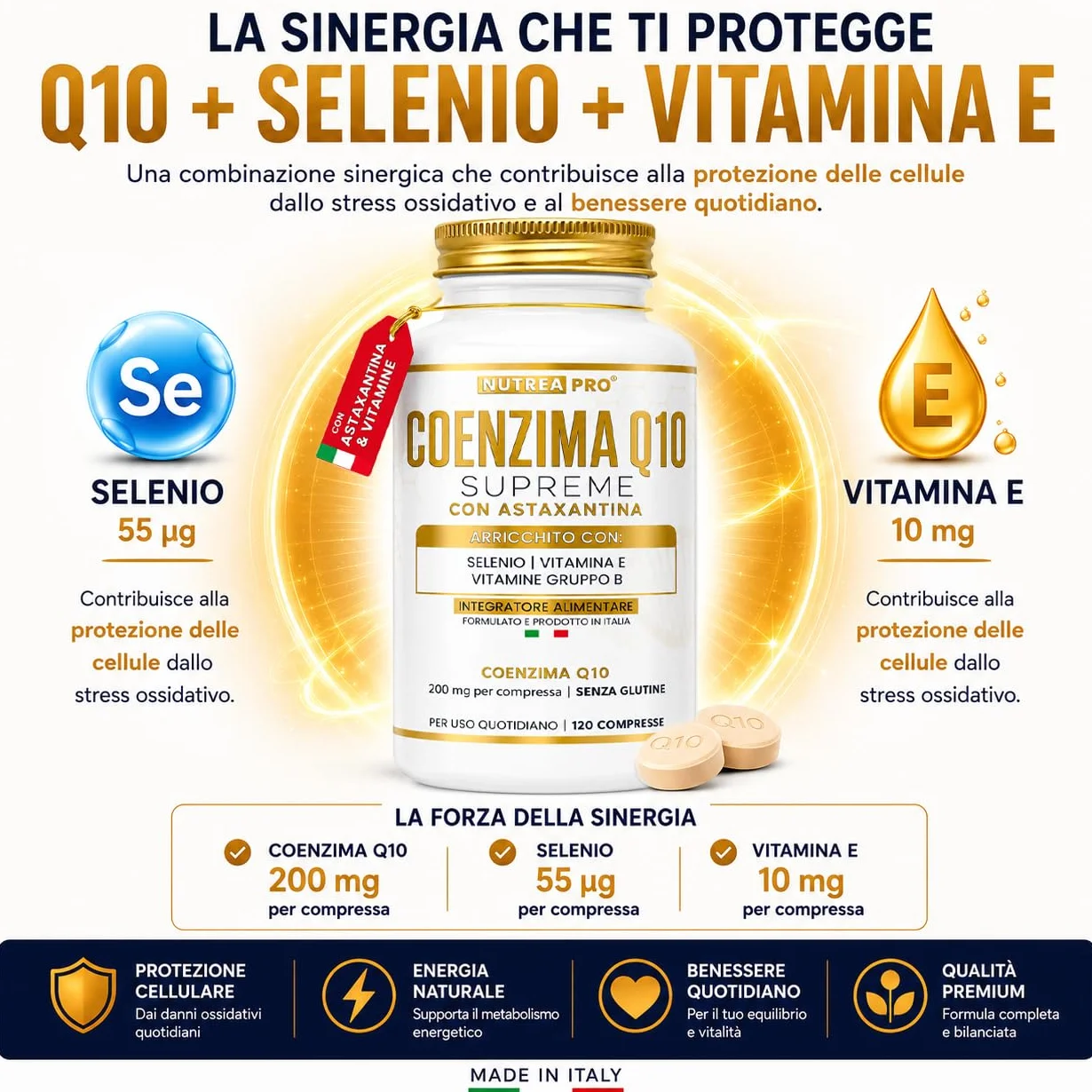 Coenzima Q10 200mg con Astaxantina 1mg |Coenzima Q10 migliore stabilità del normale q10 ubichinolo| Q10 Coenzima complex formulata con coq10 Astaxantina Vitamina E B12 B6 B2| NUTREAPRO®
