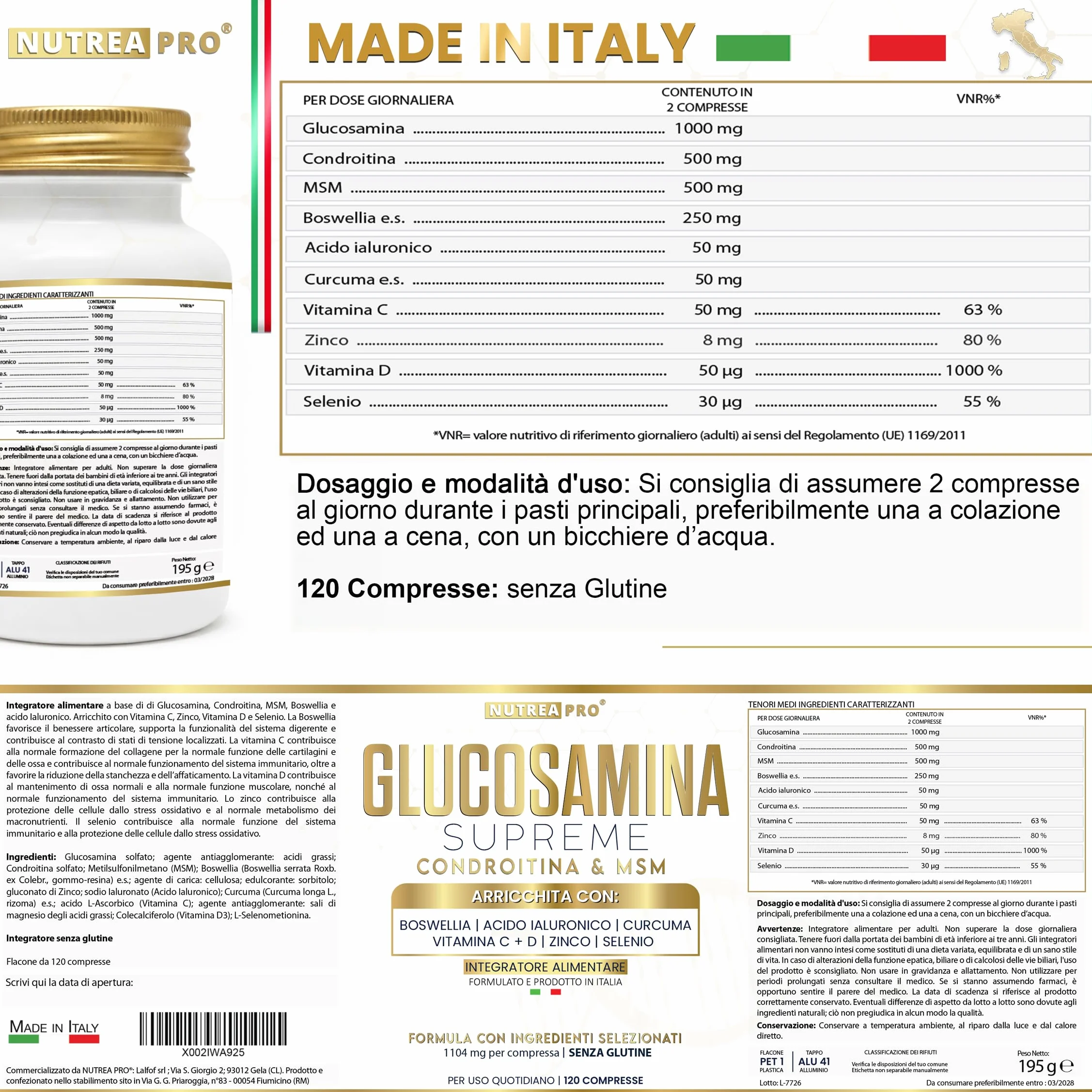 Glucosamina Condroitina MSM NUTREA PRO® | Formula Complex 2408 mg con Boswellia Serrata | 1000mg Glucosamina, 500mg Condroitina, 500mg MSM | integratore articolazioni e Mobilità | 120 Cps ITA