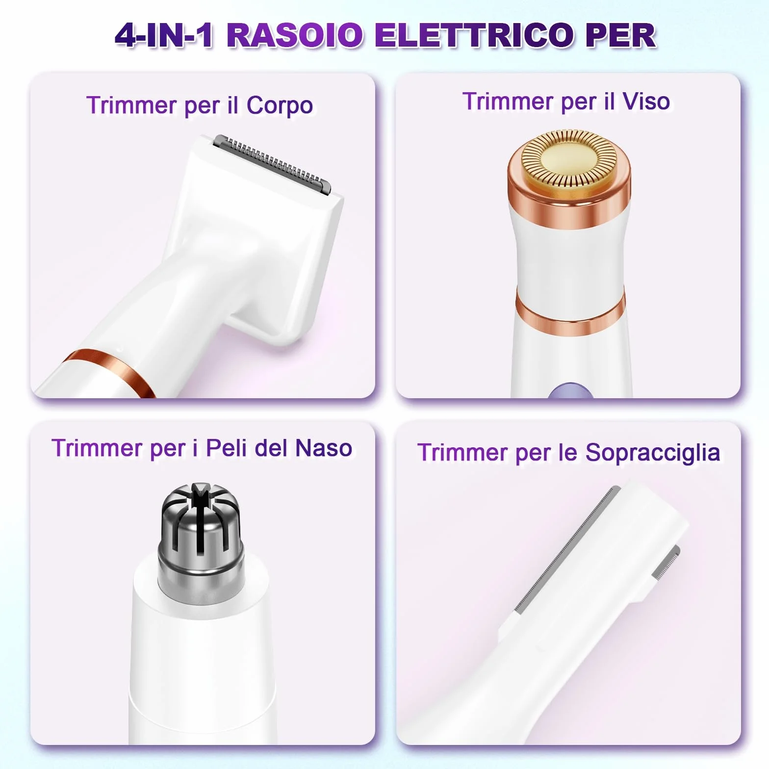 Rasoio Elettrico Donna, 4 in 1 Depilatore Corpo Donna Rasoio Parti Intime Depilatore Viso, Rasoio Intimo Rasoio Elettrico Corpo Epilatore Elettrico Capelli per Viso, Corpo