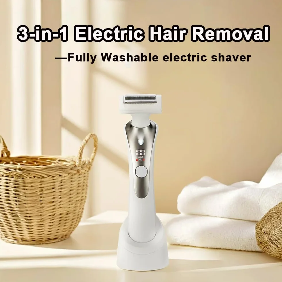 Rasoio Elettrico Donna, 3 in 1 Epilatore Elettrico Donna Senza Fili per corpo, gambe, peli pubici e viso, IPX6 impermeabile e USB ricaricabile, Bianco