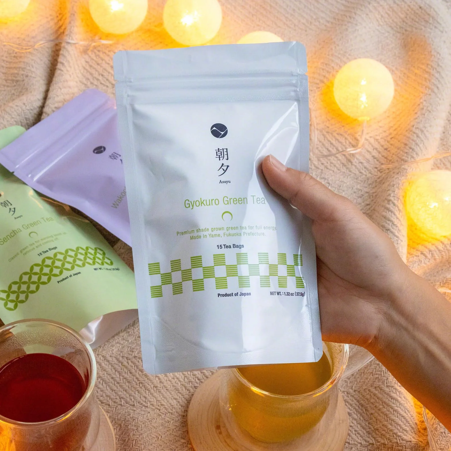 Asayu Japan Tè Verde Giapponese Gyokuro15 Bustine - Tè Verde Giapponese Premium Coltivato all'Ombra 2,5 gr x 15 bustine per Energia e Sprint Mattutino (Tè Verde Gyokuro)
