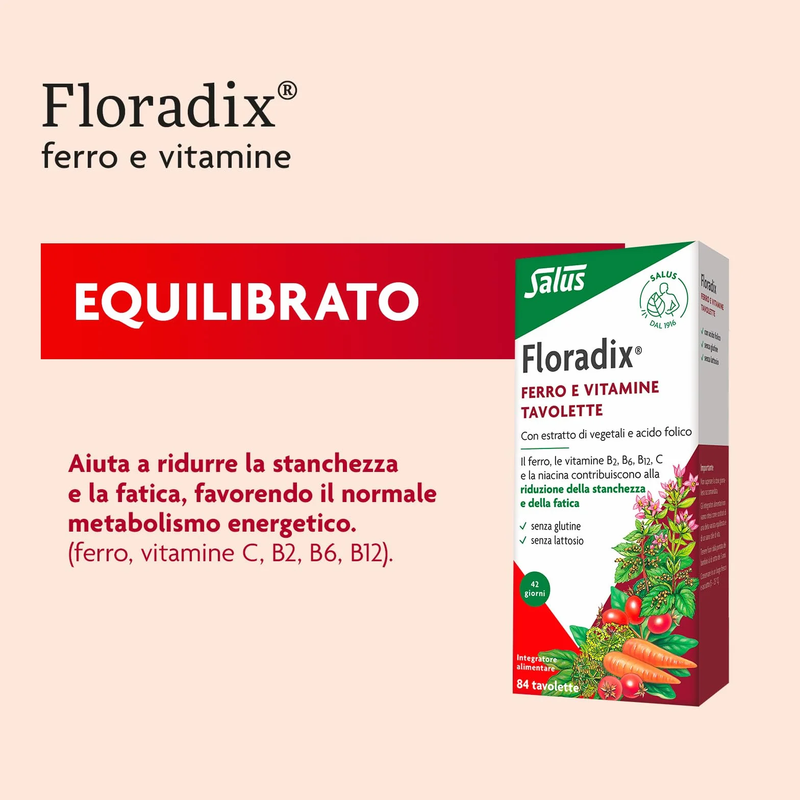 Salus Floradix - Integratore alimentare con Ferro e Vitamine per contribuire a ridurre la stanchezza e la fatica - 84 tavolette x 42 giorni