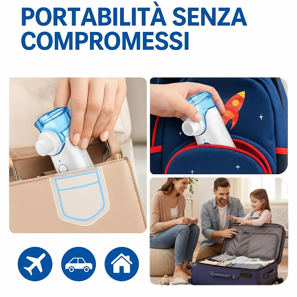 Aerosol Portatile Silenzioso con Batteria Ricaricabile, USB-C e 2 Adattatori per Adulti e Bambini