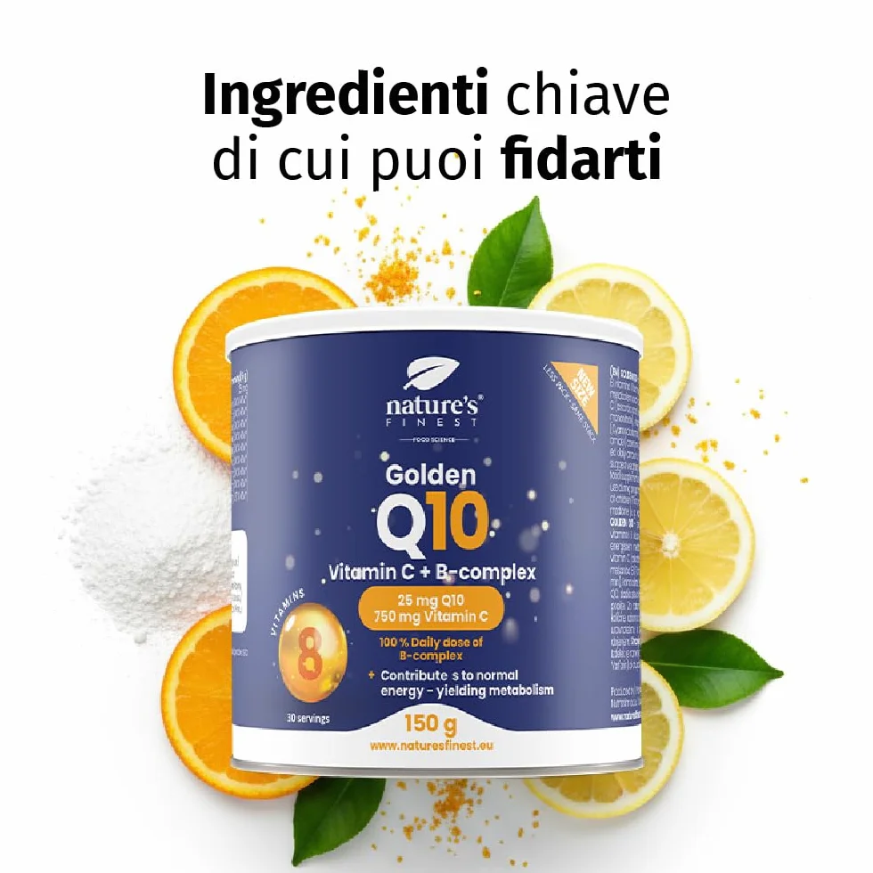 Nature's Finest Golden Q10, 150 g - Coenzima Q10 con Vitamina C in Polvere e Complesso Vitamina B - Integratore Alimentare in Polvere Gusto Arancia