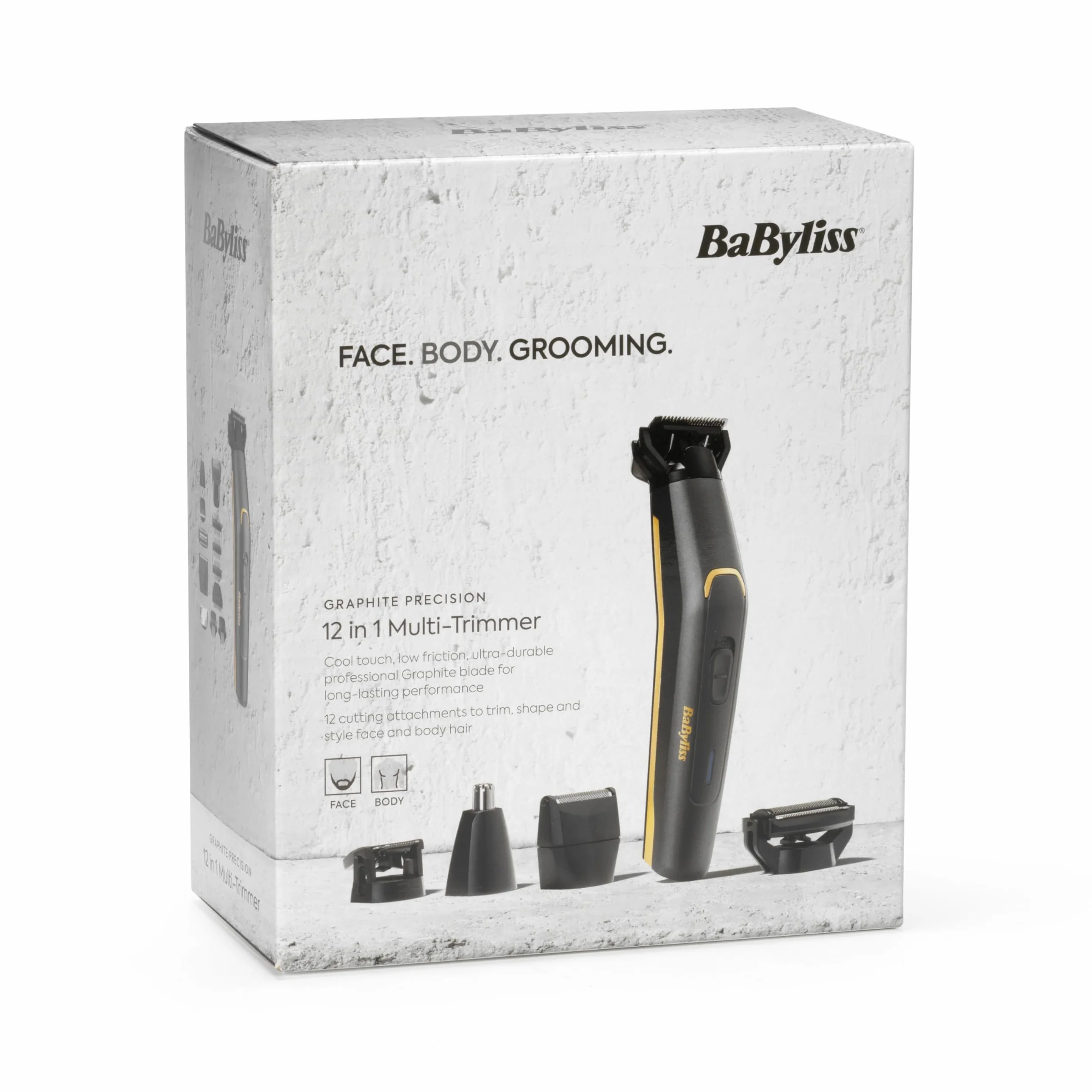 BaByliss MT987E Multi-Trimmer Graphite Precision 12 in 1, Cordless, Testina di precisione, Testina corpo, Testina barba, Testina naso/orecchie, Testina rasatura
