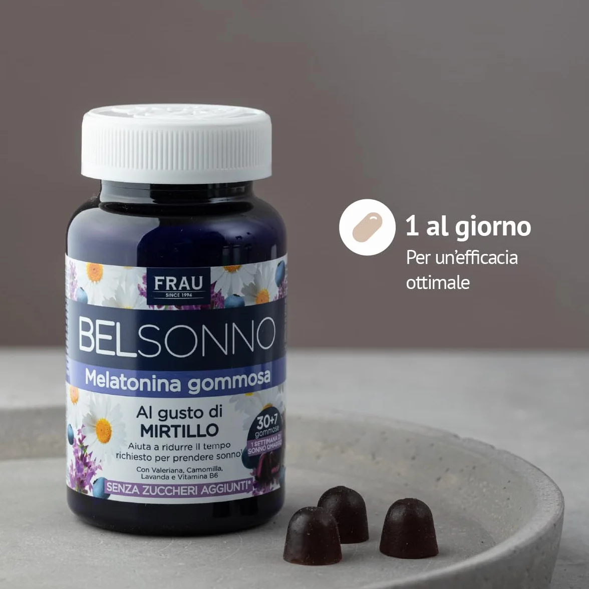 FRAU BEL SONNO Caramelle di Melatonina Gommosa con Valeriana, Camomilla, Lavanda e Vitamina B6, Gusto Mirtillo