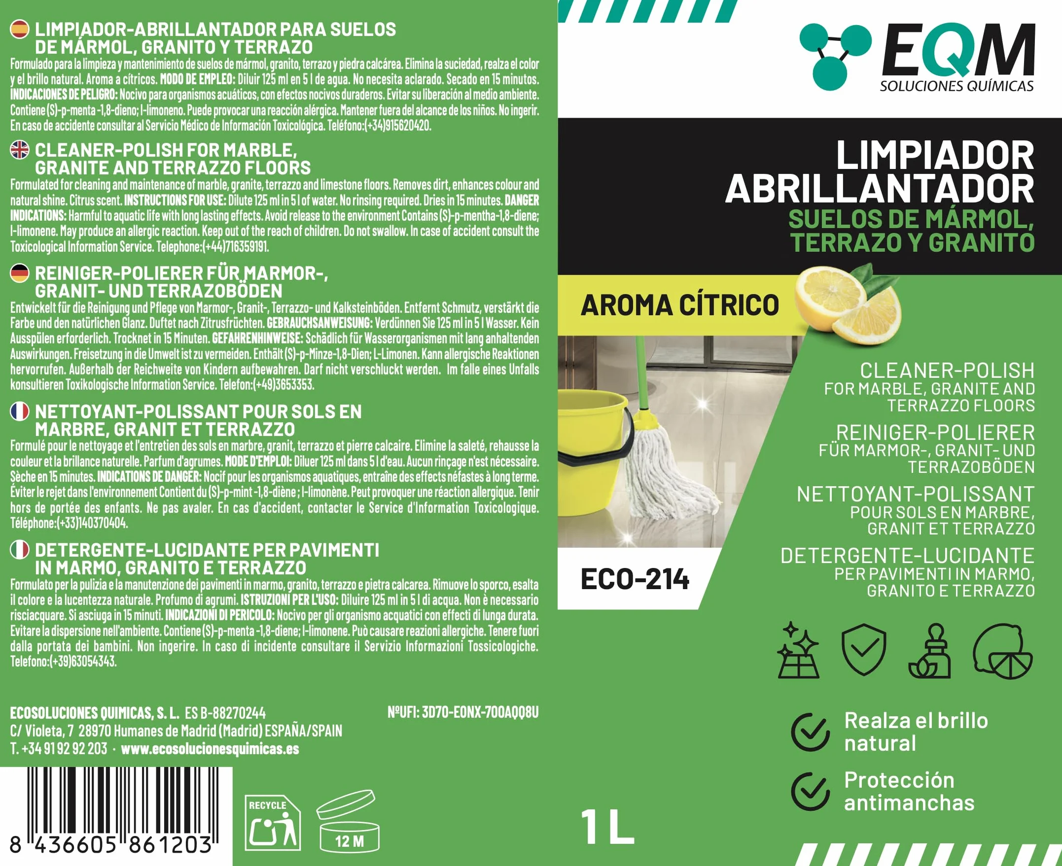 Detergente Lucidante per Marmo, Granito e Pietra Naturale ECO-214 1L