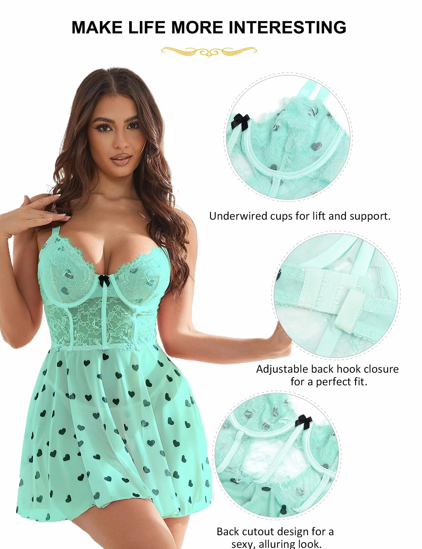 Ohmydear Camicia da Notte con Reggiseno Push Up Lingerie Sexy Trasparente Babydoll in Pizzo