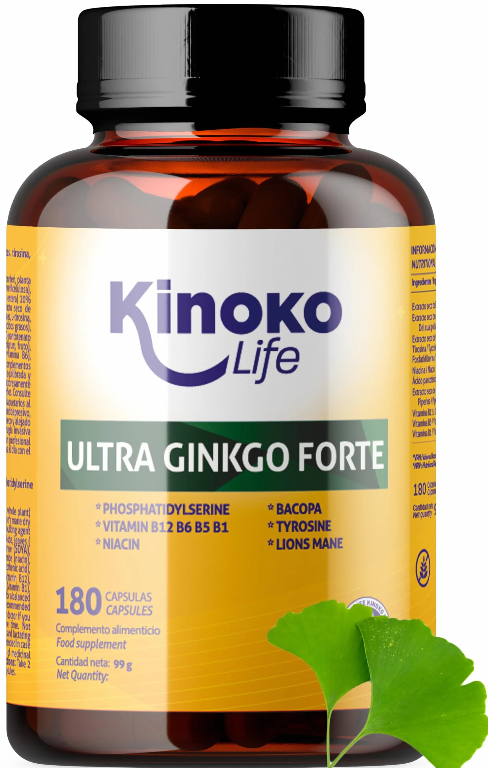 Ginkgo Biloba Forte 180 Capsule con Bacopa, Fosfatidilserina, Criniera di Leone, Tirosina, Niacina e Vitamine B Complex per Memoria e Concentrazione