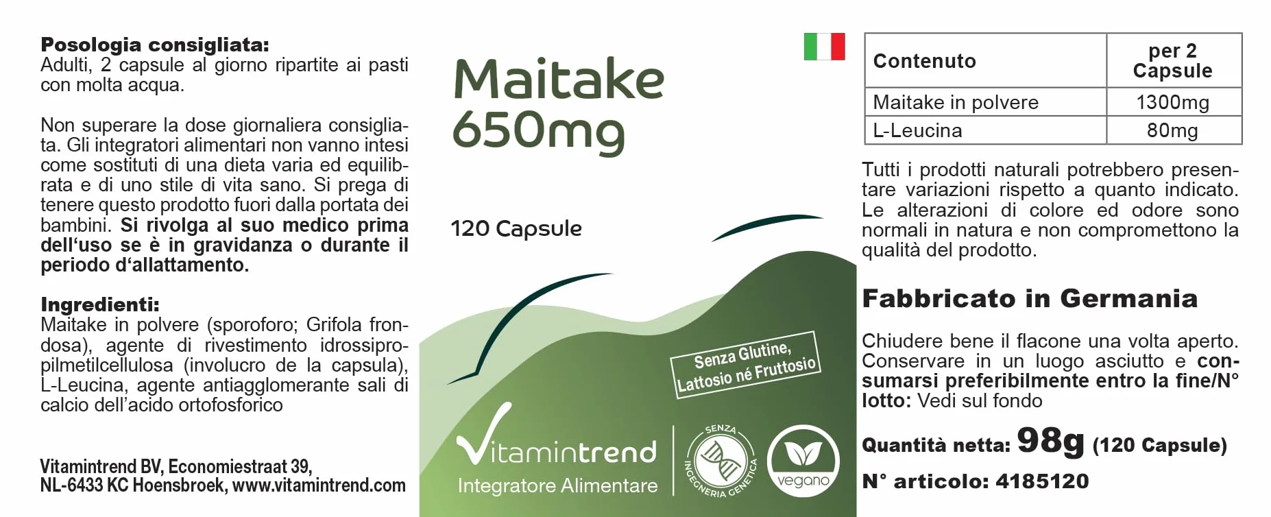 Vitamintrend Polvere di Maitake 650 mg, 120 capsule, ad alto dosaggio, adattogeno, integratore alimentare vegano senza stearato di magnesio, prodotto in Germania