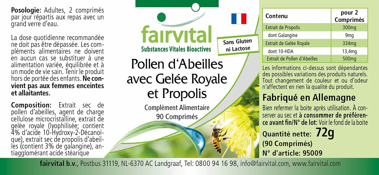 Fairvital Pollen d'api con pappa reale e propoli, 90 compresse, Alto Dosaggio