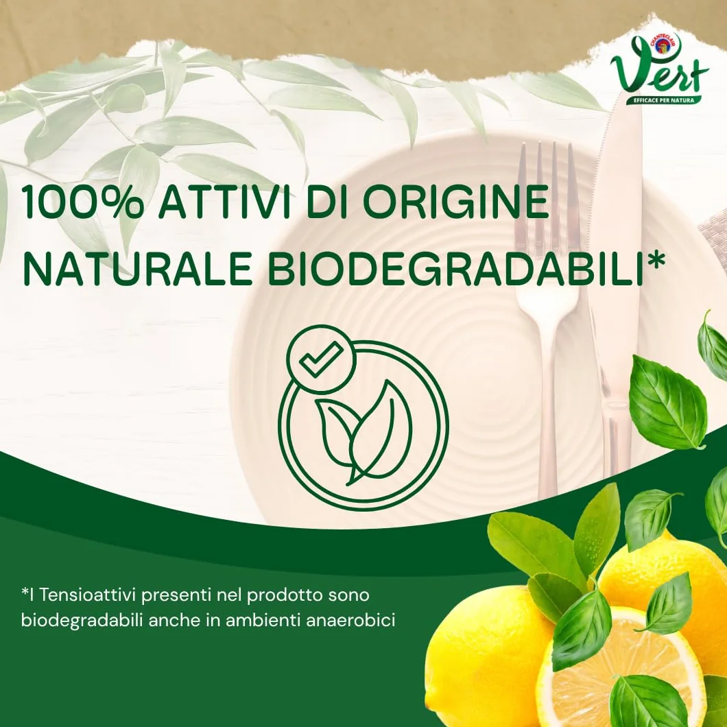 Vert - Ecodetergente Piatti - Fragranza Limone e Basilico, 100% Origine Naturale, Funzione Extra Sgrassante e Risciacquo Facile, Ipoallergenico, Adatto anche a Pelli Sensibili - Flacone da 1000ml