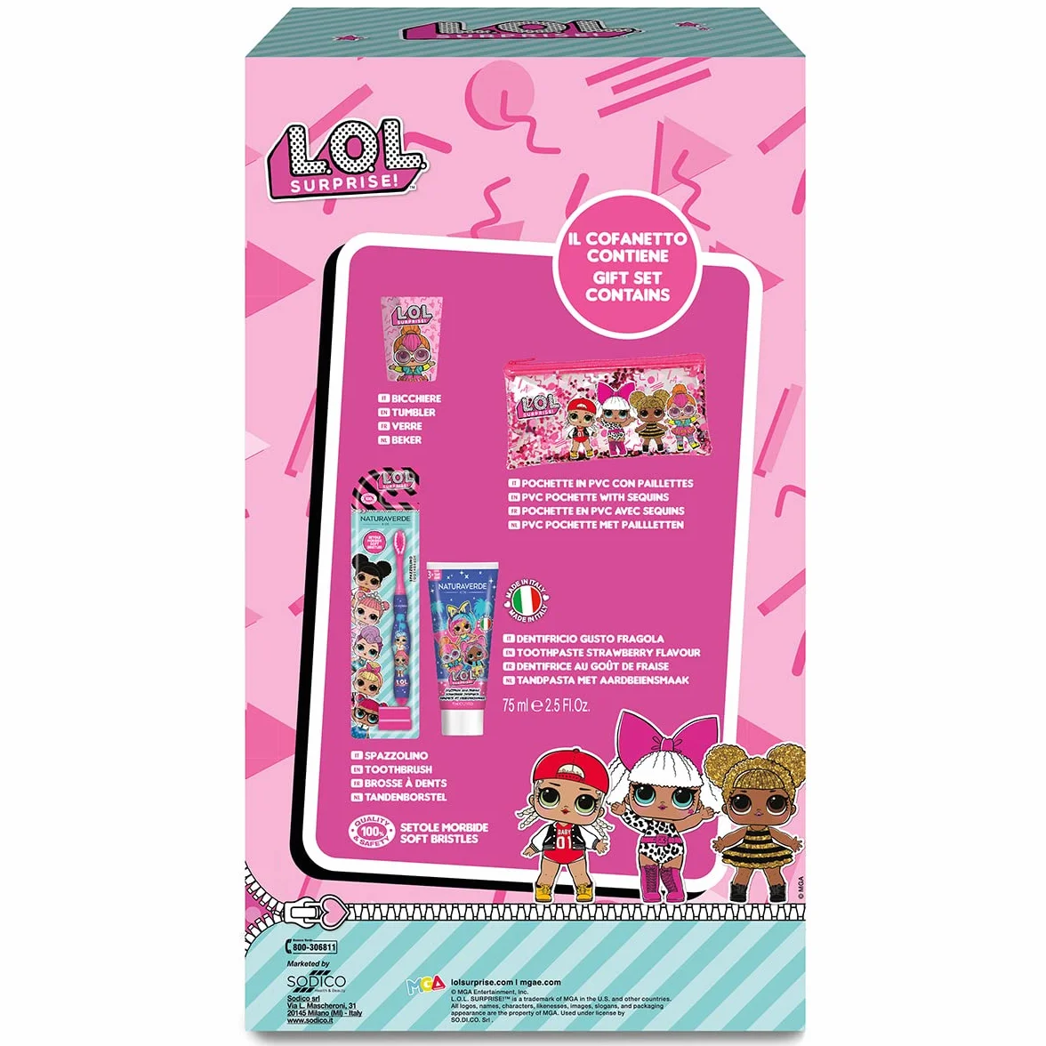 Naturaverde | Kids - Oral Care Set, Spazzolino da Denti Manuale con Setole Morbide, Dentifricio alla Fragola da 75ml, Bicchierino e Pochette Glitter
