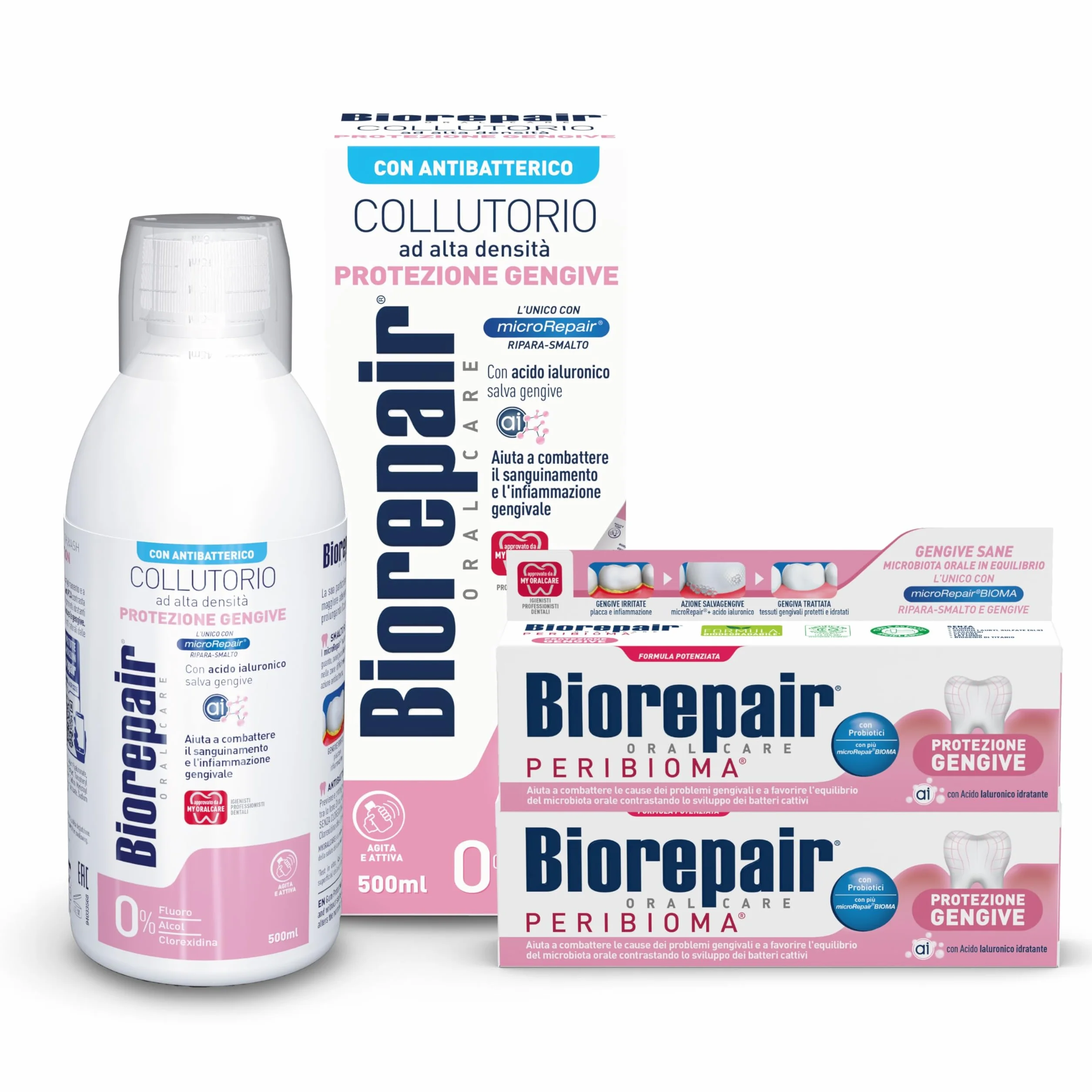 Biorepair Kit Oral Care Protezione Gengive, Dentifricio PERIBIOMA 2x75ml, Collutorio Alta Densità 500ml, MicroRepair e Probiotici