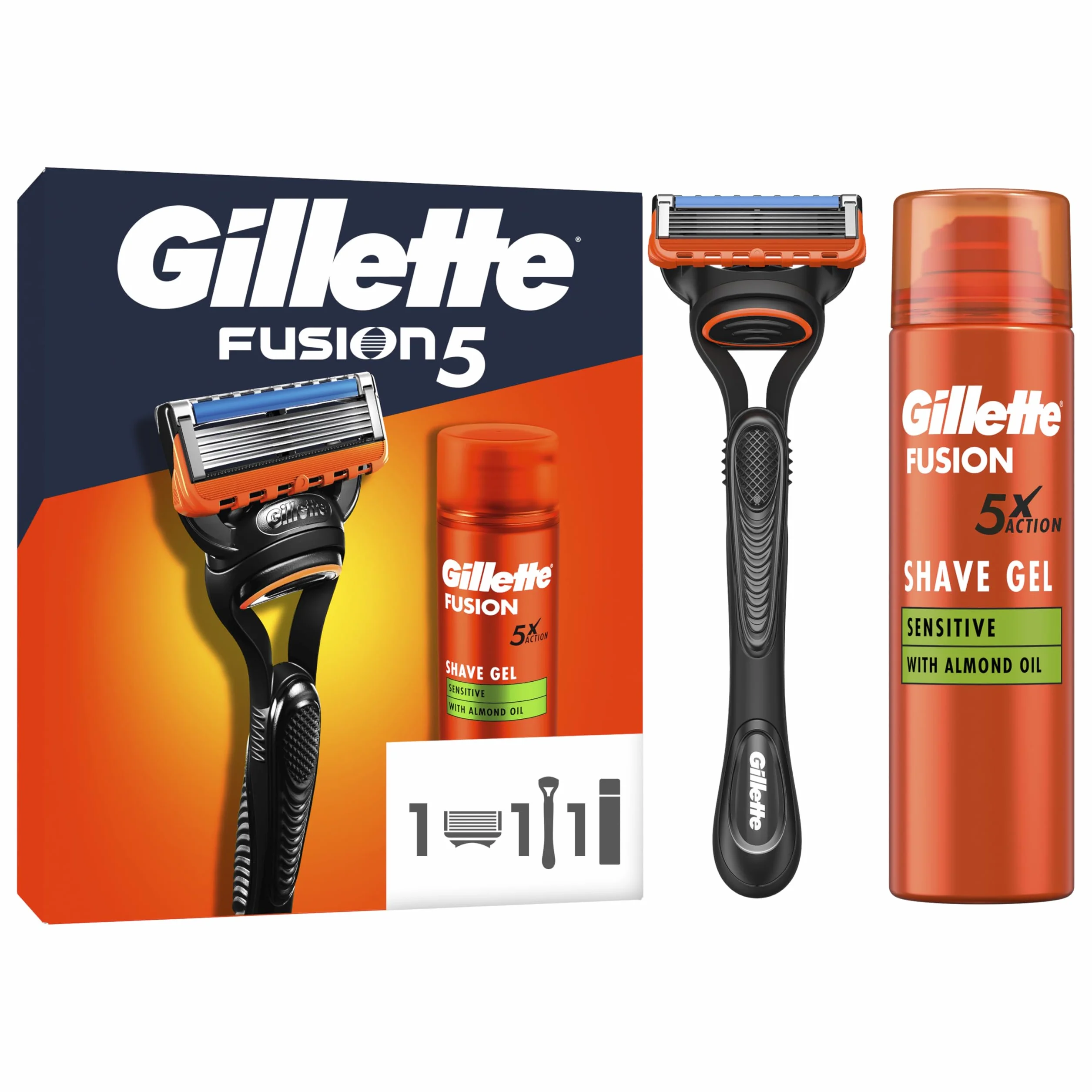 Gillette Fusion5 Rasoio Barba, 1 Rasoio Gillette + 1 Lametta di Ricambio, con Striscia Lubrificante per una Morbida Scorrevolezza e 5 Lame per una Rasatura Profonda e Duratura + Fusion Gel da Barba