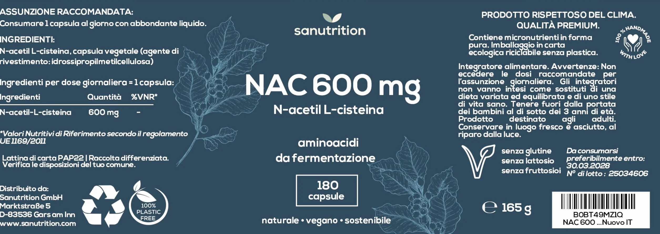 NAC 600 mg 180 kapsułek N-acetil L-cisteina 100% naturale da Mais vegano