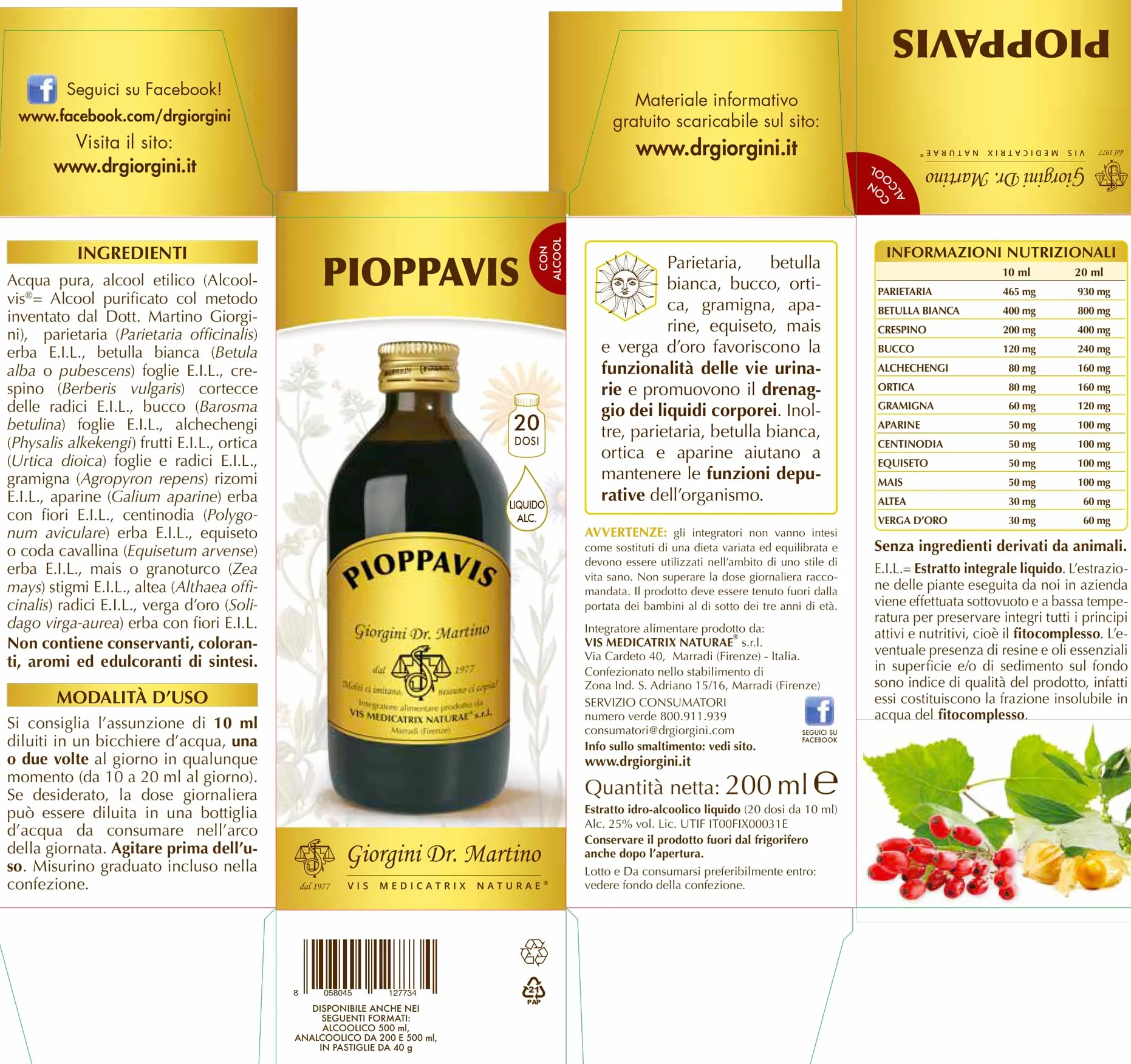 PIOPPAVIS Liquido alcoolico 200 ml integratore drenaggio betulla bianca bucco ortica gramigna erbe