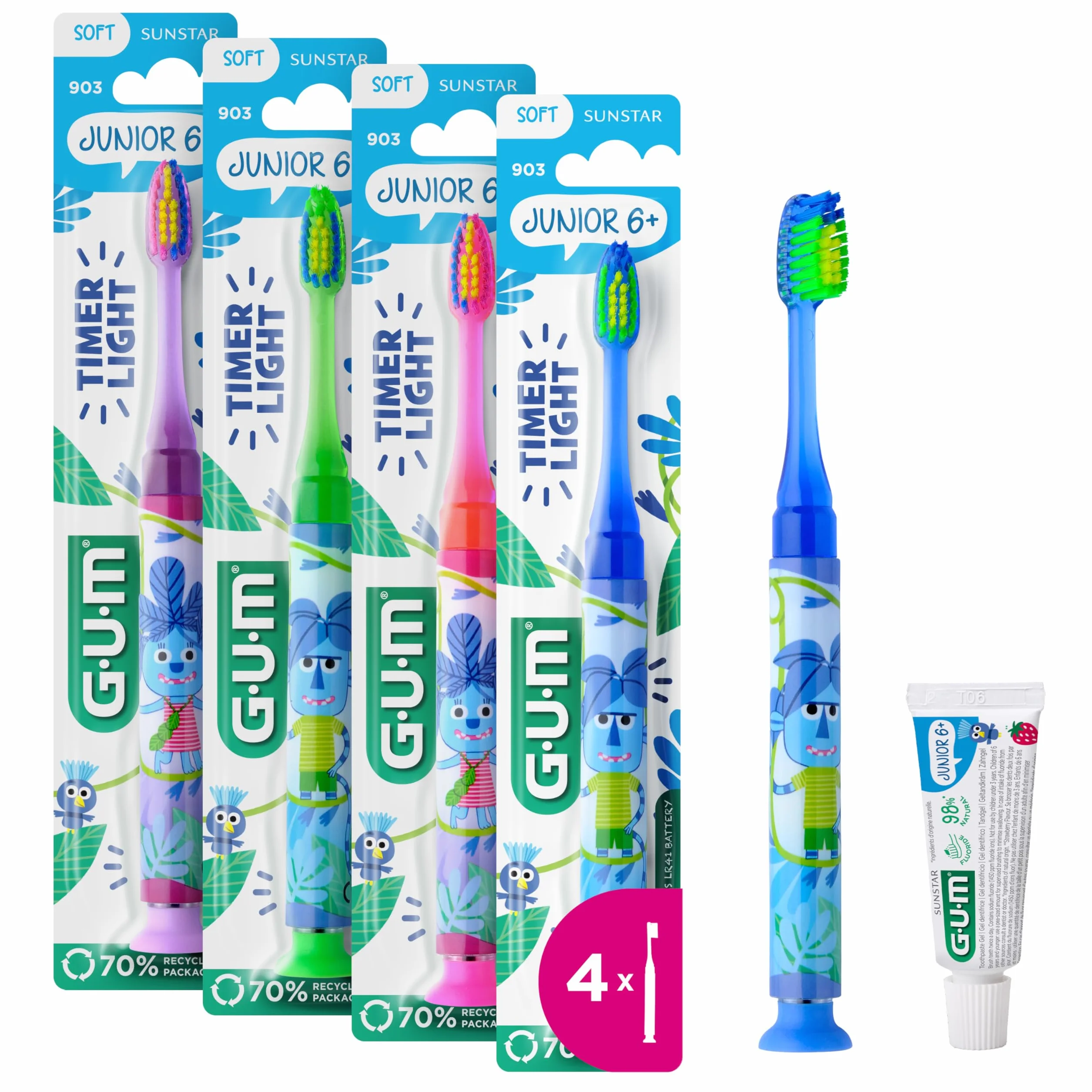 GUM Spazzolino da denti luminoso, timer lampeggiante, aiuta i bambini a spazzolare al momento giusto, setole morbide, ventosa, 1 pezzo, 4 x 1 pezzo (con 1 campione bonus)