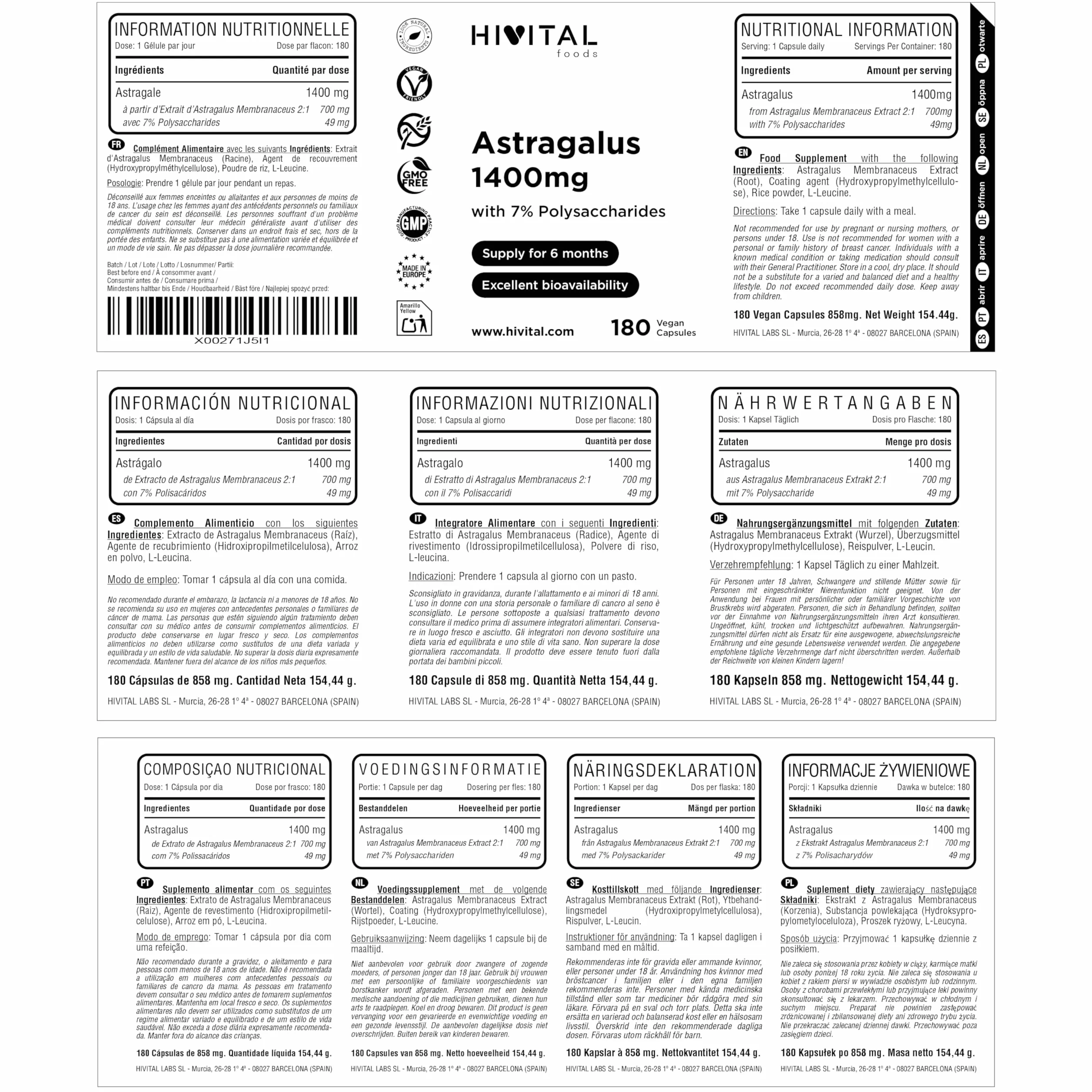 Astragalo 1400 mg 180 capsule vegane 7% polisaccaridi HIVITAL