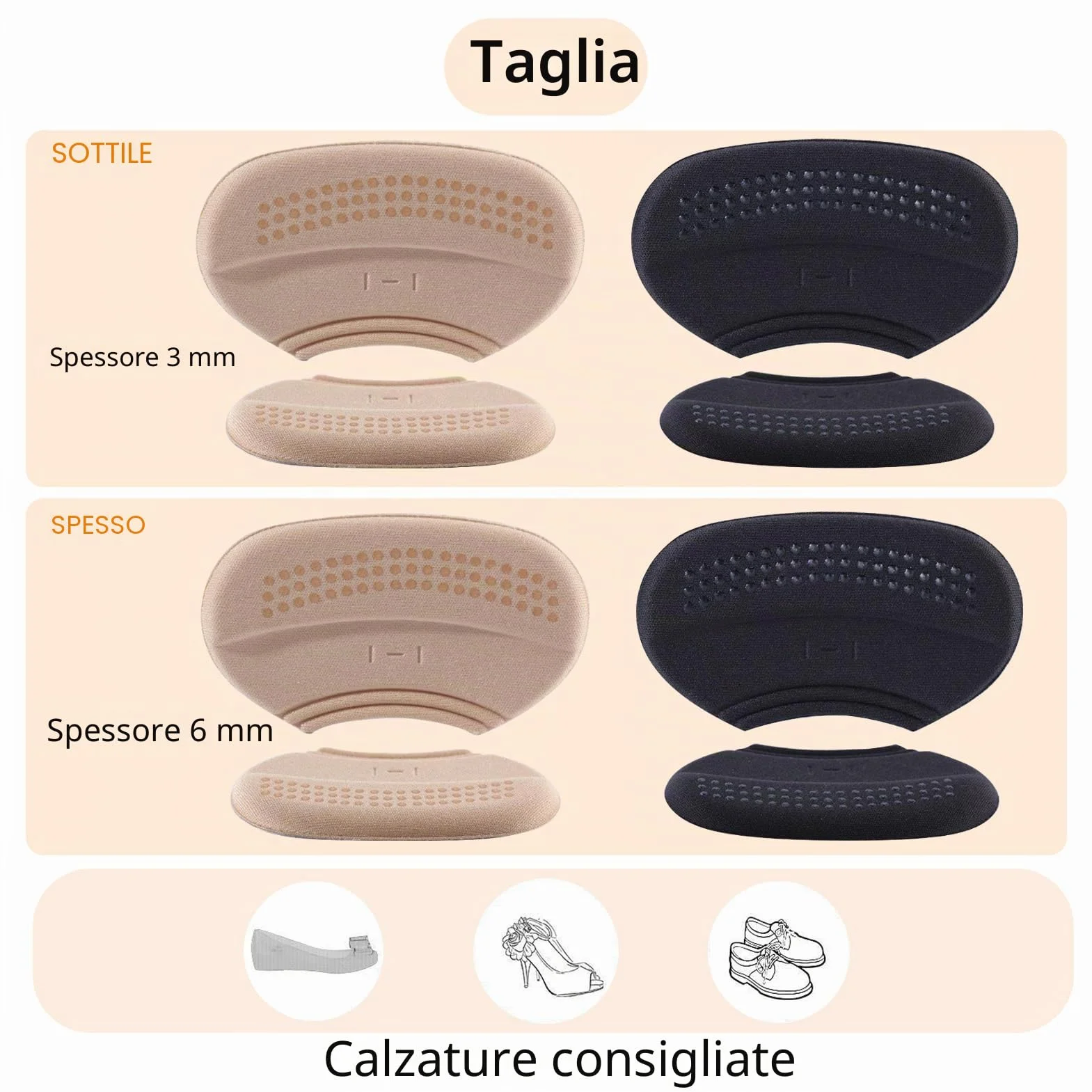 Set di 4 paia di cuscinetti per tallone, 3 mm e 6 mm autoadesivi, protezione per tallone per scarpe, inserti per scarpe troppo grandi, cuscinetti per tallone contro vesciche e sfregamento