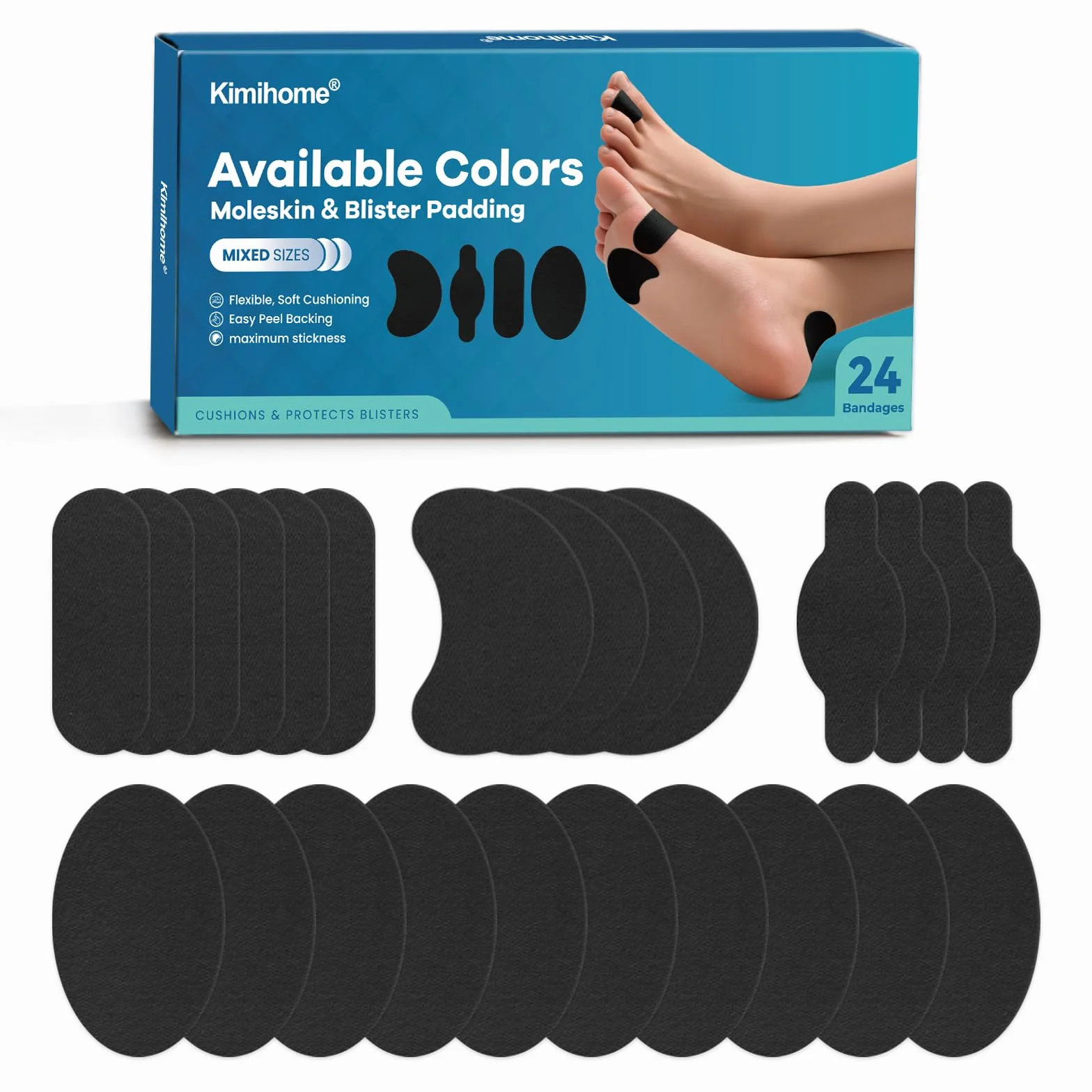 Kimihome Moleskin - Set di 24 cerotti autoadesivi per la prevenzione delle vesciche, per alleviare il dolore, colore: Nero con 4 forme